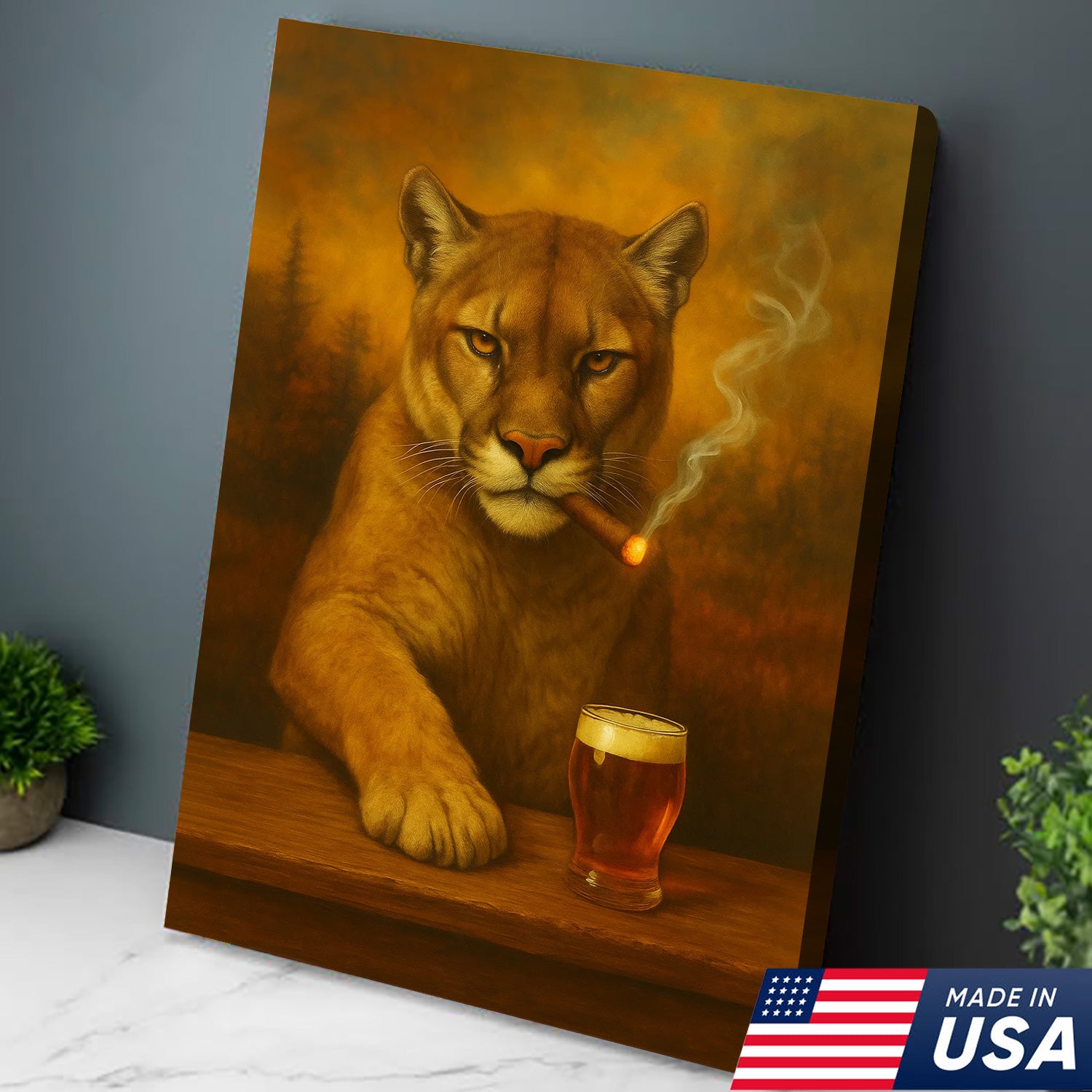 Funny Mountain Lion Smoking With Cocktail Glasses Canvas Wall Art – Rustic Bar Decor Perfect Gift for Hunters & Cocktail Glasses Lovers