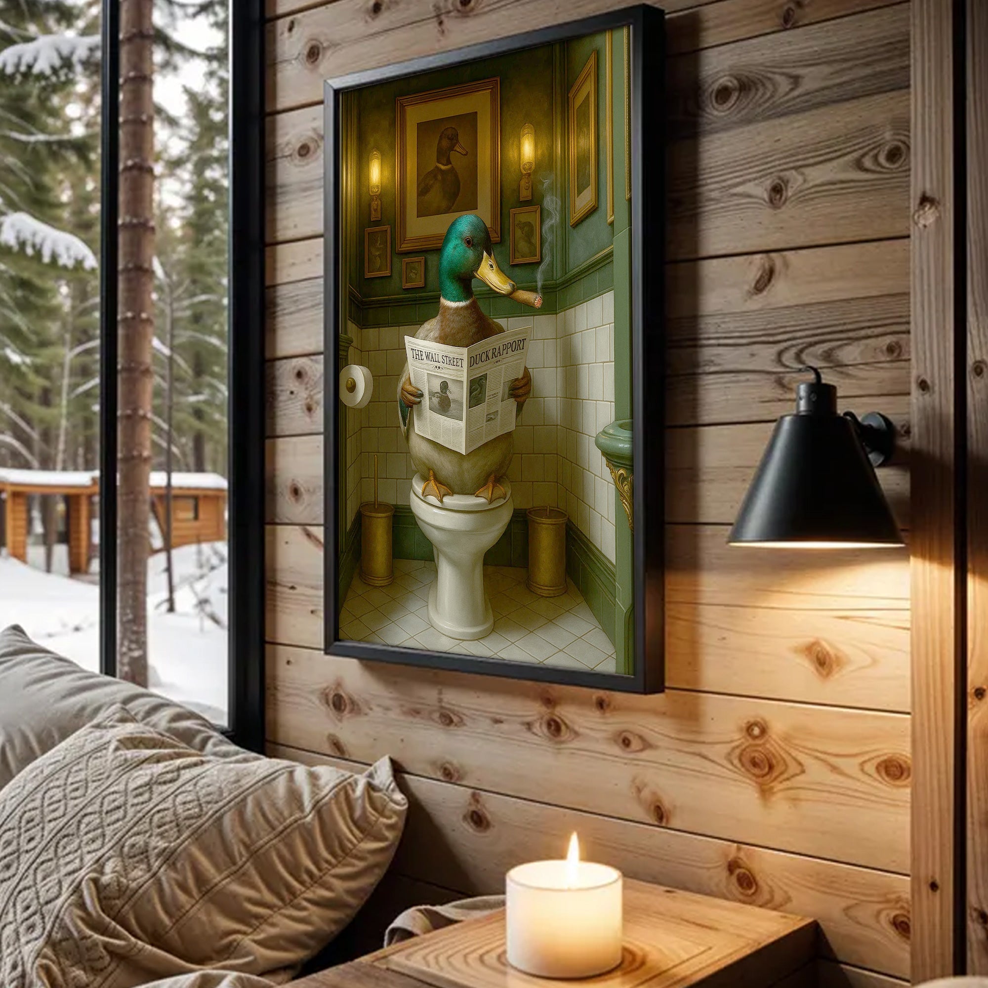 Duck Reading News Bathroom Wall Art – Rustic Decor for Men, Hunting Cabin Poster Hunters