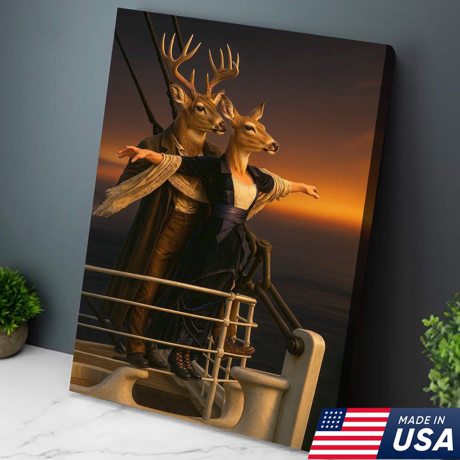 Romantic Deer Canvas Wall Art – Buck and Doe Cinematic Scene Sunset – Funny Whitetail Deer Couple Home Decor