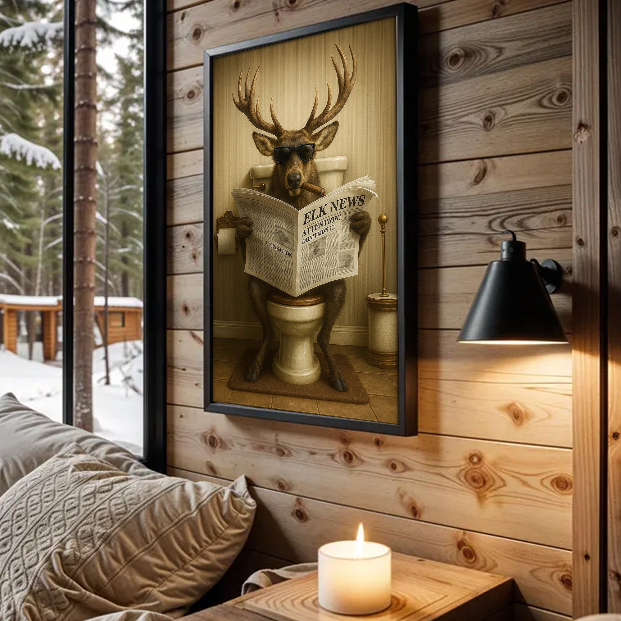 Funny Elk Bathroom Wall Art – Hunting Lodge Decor for Men - Wildlife Animal Poster - Unique Dad Gift for Hunters & Outdoorsmen