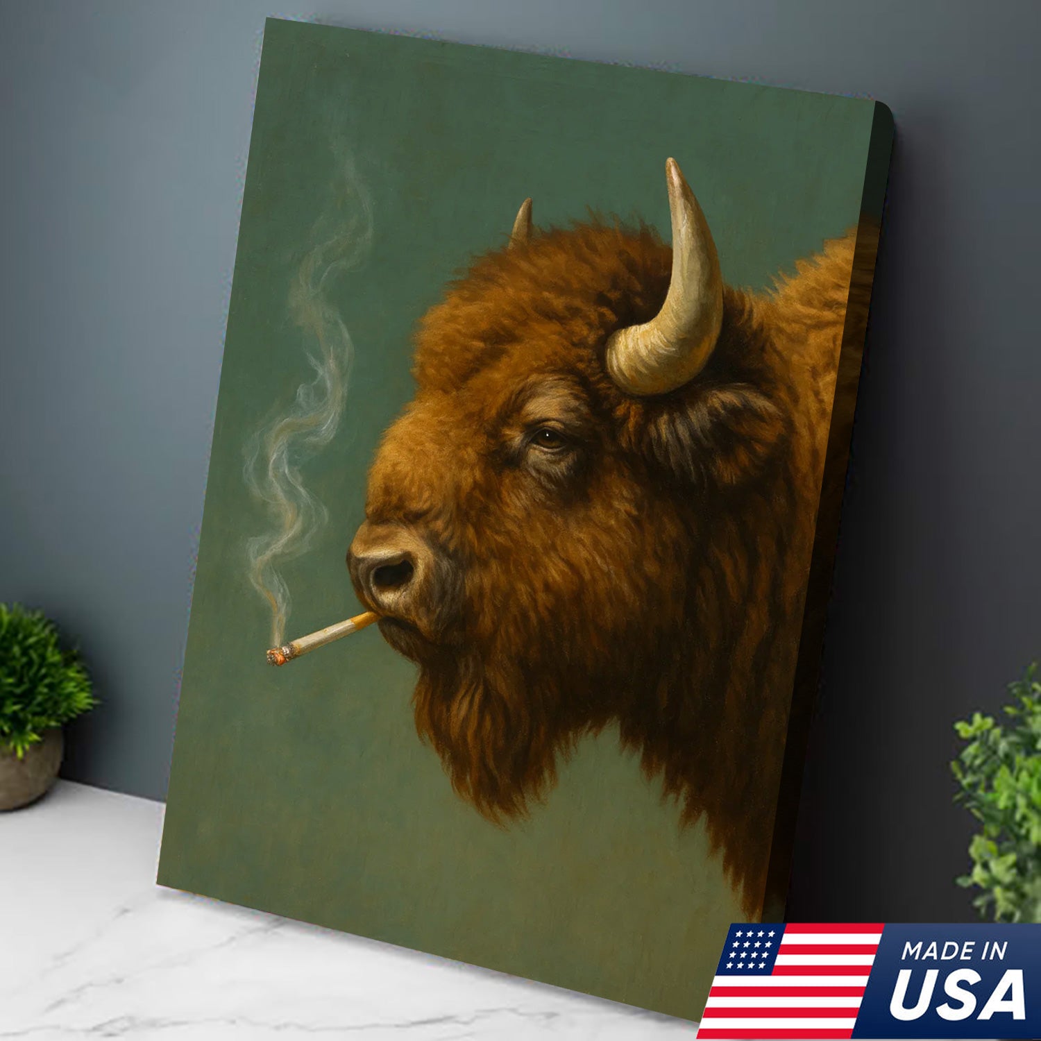 Buffalo Bison Smoking Canvas Wall Art – Rustic Western Cabin Decor for Hunters