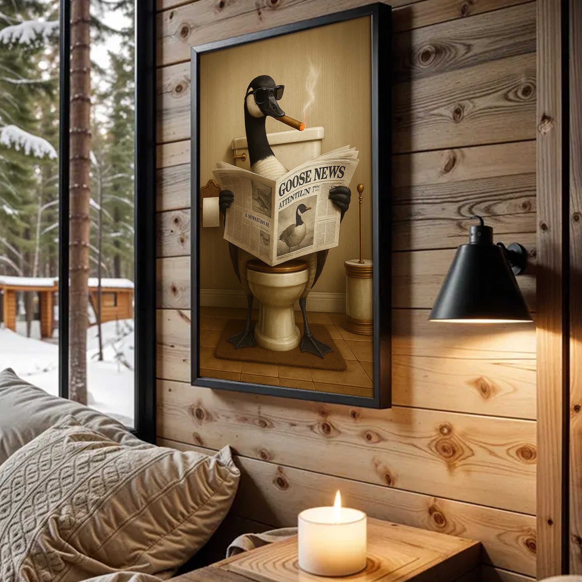 Funny Goose Read Newspaper Bathroom Canvas Wall Art – Hunting Wildlife Animal Poster - Unique Gift for Dad, Hunters