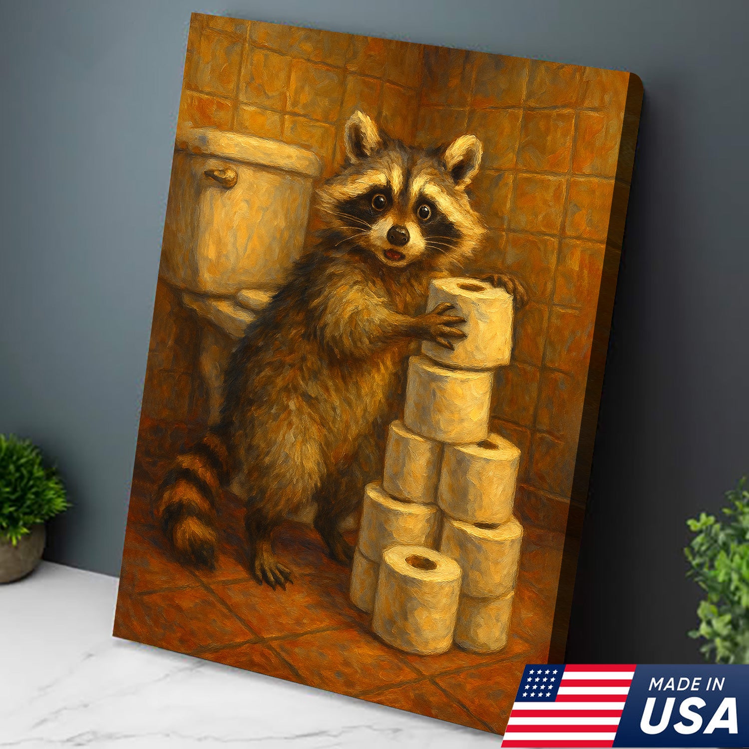 Funny Raccoon Canvas Wall Art – Cute Animal Bathroom Decor with Toilet Paper for Rustic Cabin & Home