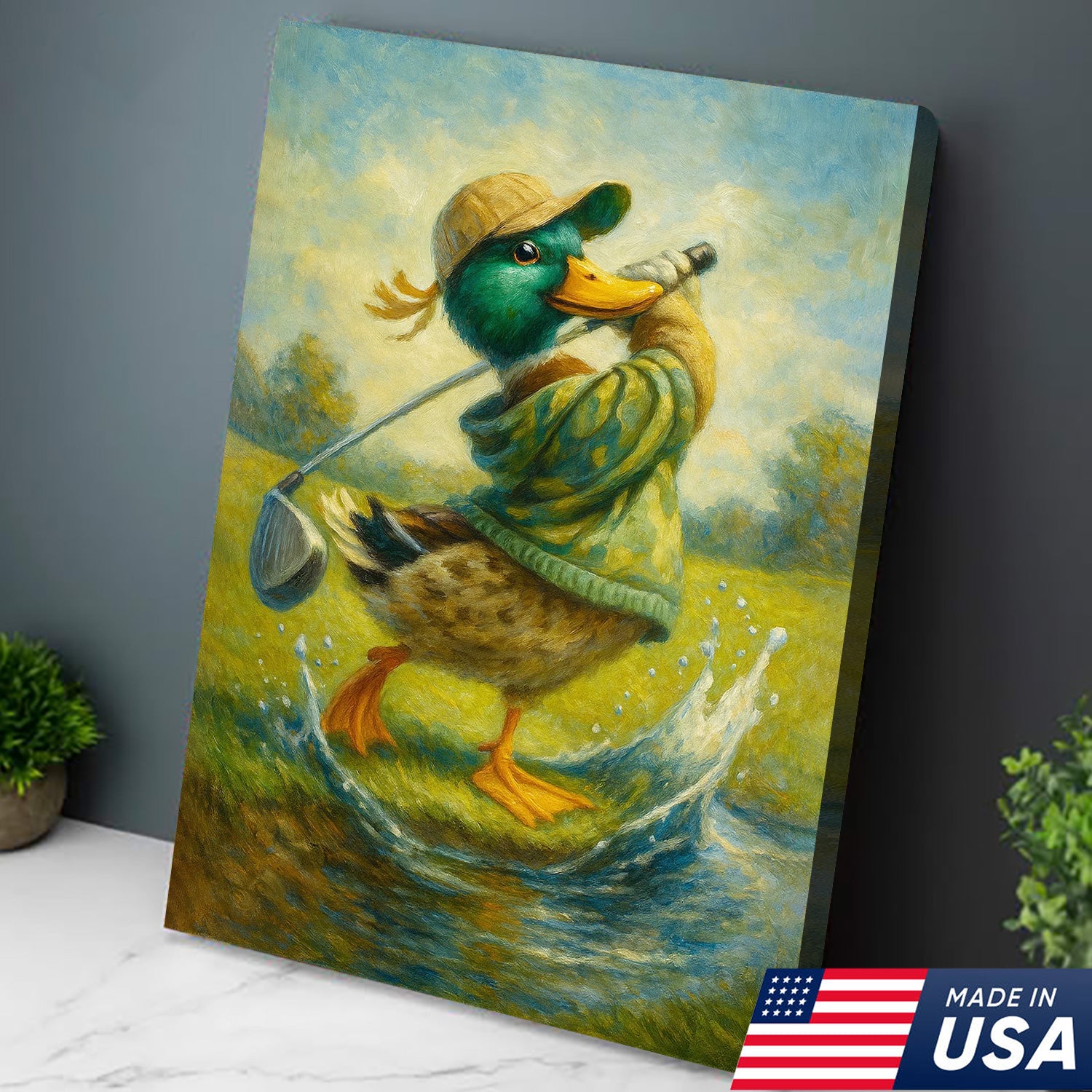 Funny Duck Playing Golf Canvas Wall Art – Rustic Sports Lodge Decor, Man Cave & Golfer Gift