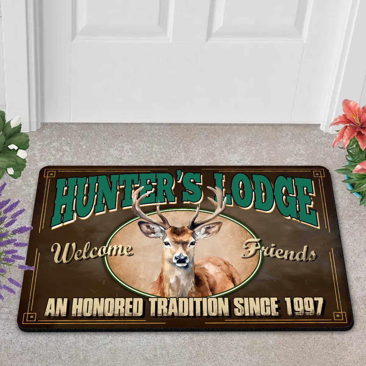 Personalized Hunter’s Lodge Deer Doormat – Custom Year, Rustic Cabin Welcome Mat for Hunters & Outdoor Decor