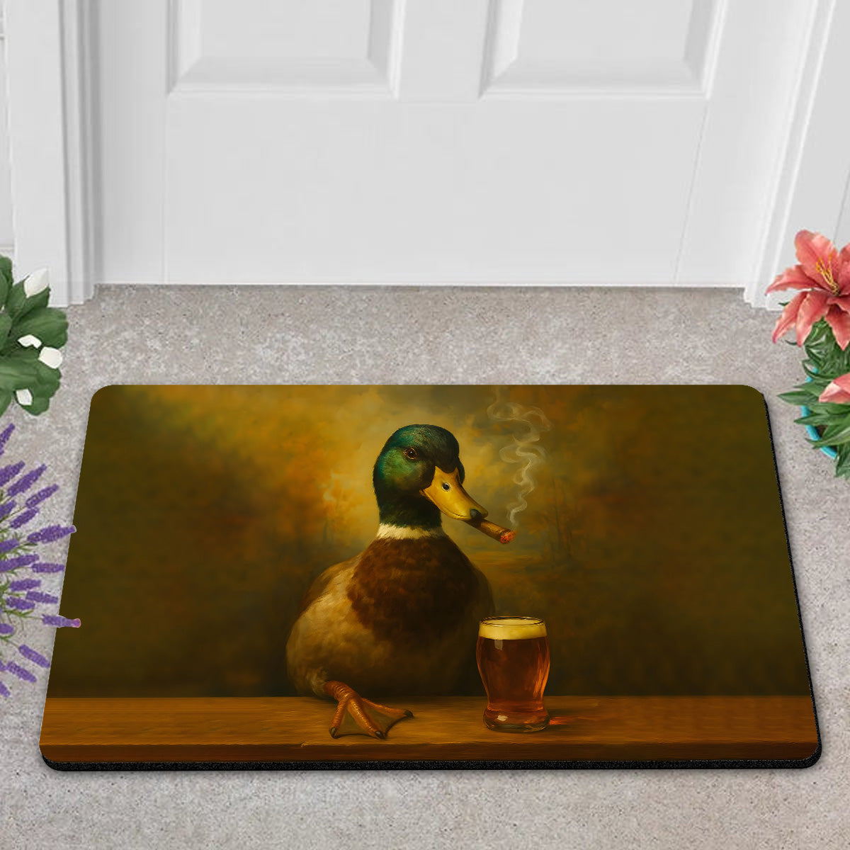 Funny Duck Barware Doormat – Hunting Lodge Rug with Drinking Glasses & Smoking-related Decor, Outdoor Cabin Decor Gift
