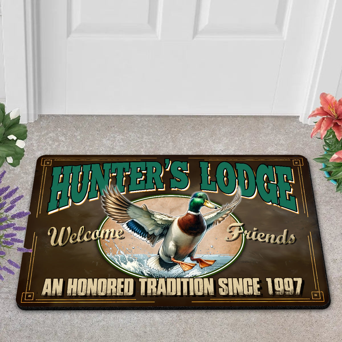Personalized Mallard Duck Doormat – Funny Hunting Welcome Mat with Custom Year, Rustic Cabin & Lodge Decor