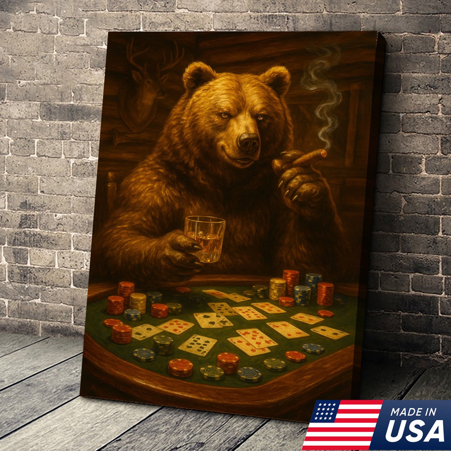Rustic Bear Poker Canvas Wall Art – Funny Animal Playing Cards Decor for Cabin, Lodge & Game Room