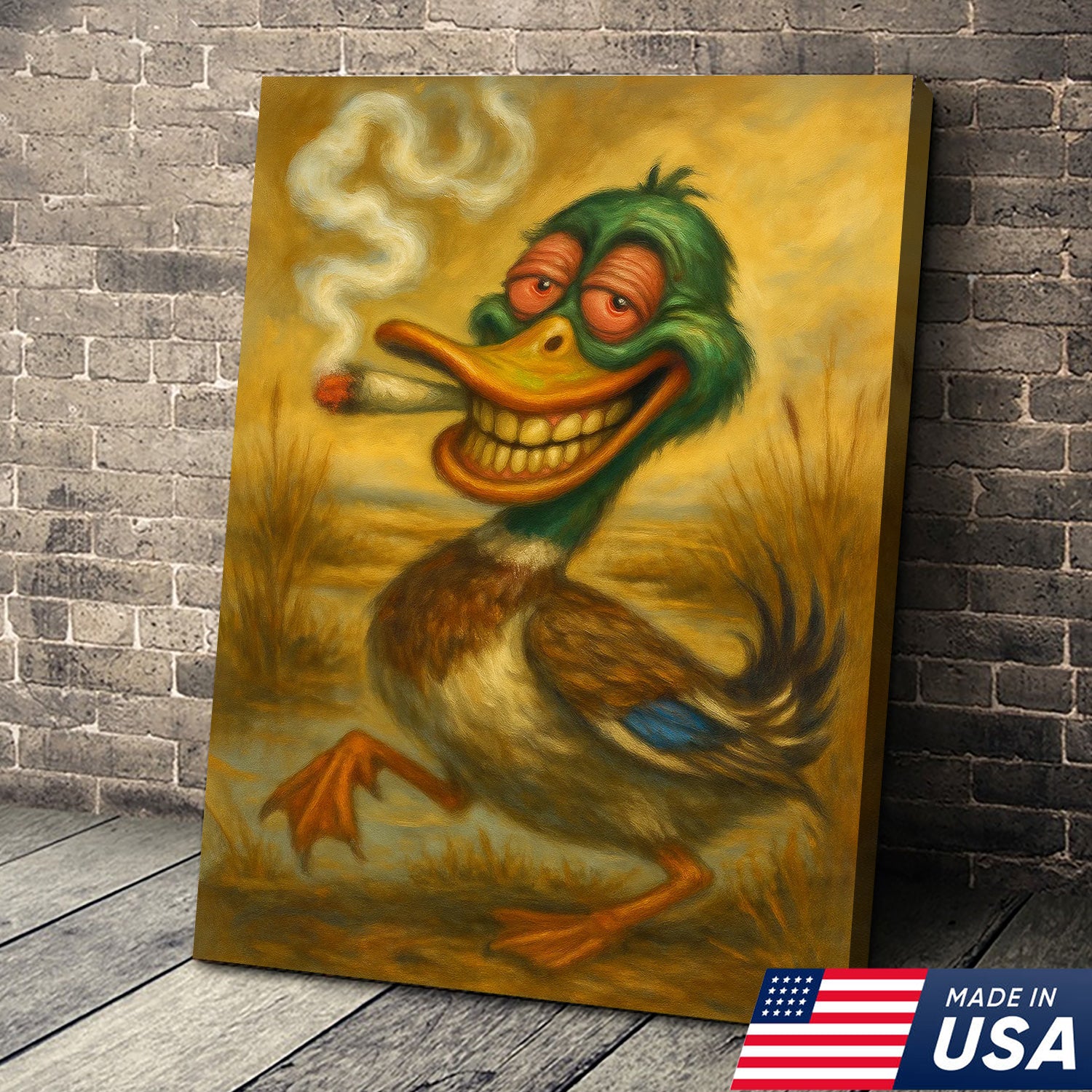 Funny Duck Smoking Canvas Wall Art – Rustic Hunting Cabin Decor, Man Cave & Lodge Gift