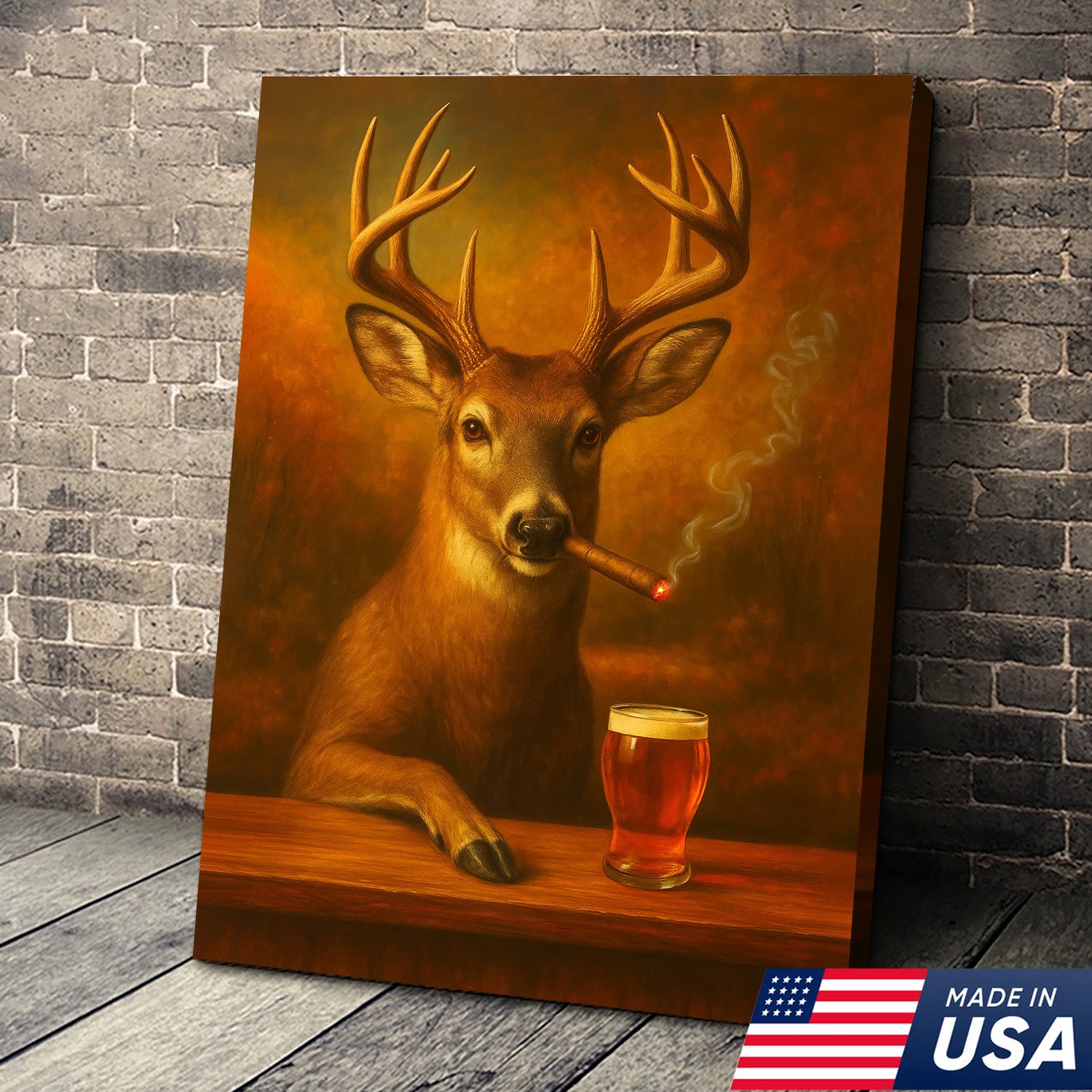 Funny White-Tailed Deer Smoking and Drinking Cocktail Glasses Canvas - Humorous Man Cave Wall Art For Hunters & Cocktail Glasses Lovers
