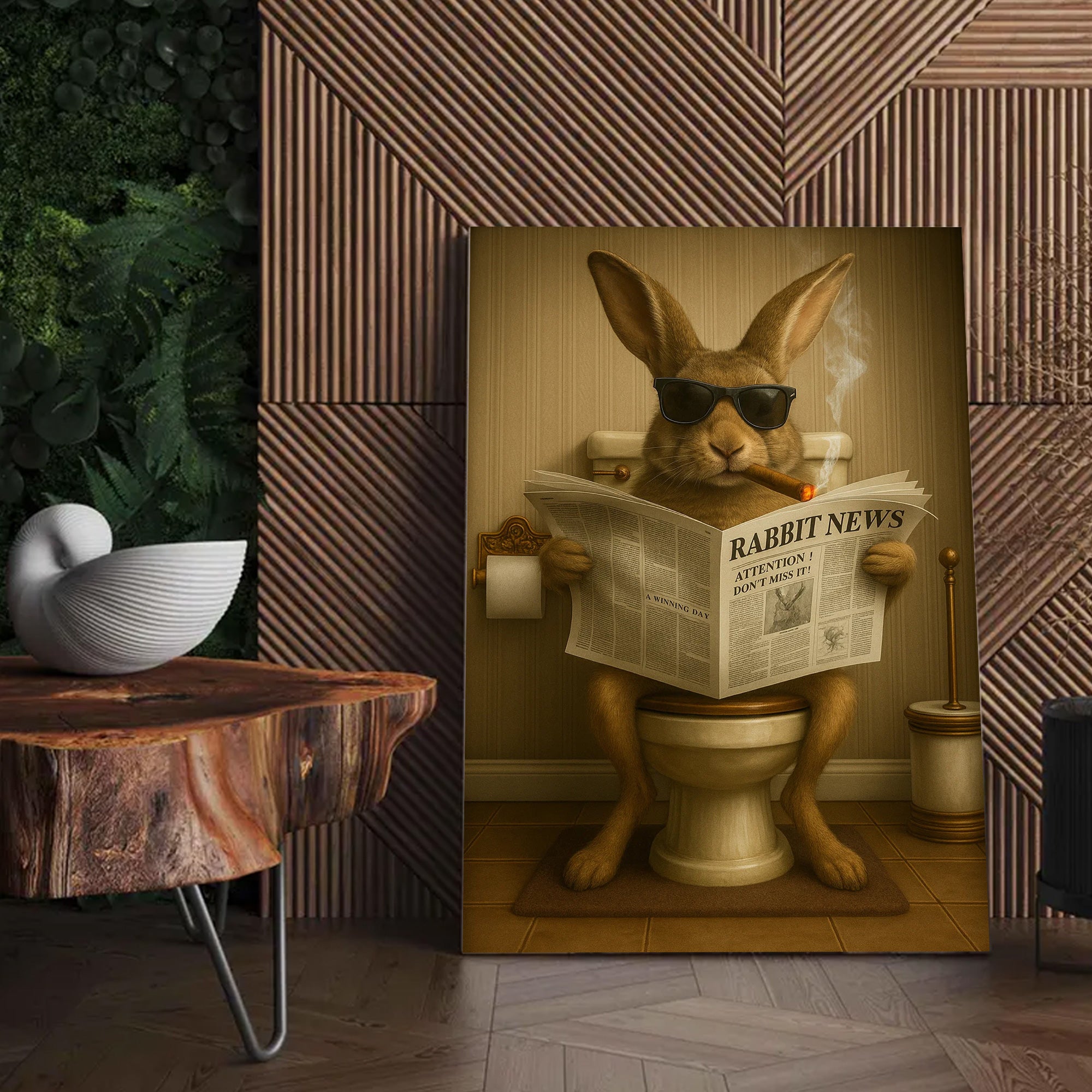 Funny Rabbit Reading News Bathroom Wall Art – Rustic Decor for Men, Hunting Cabin Poster, Hilarious Gift for Dad