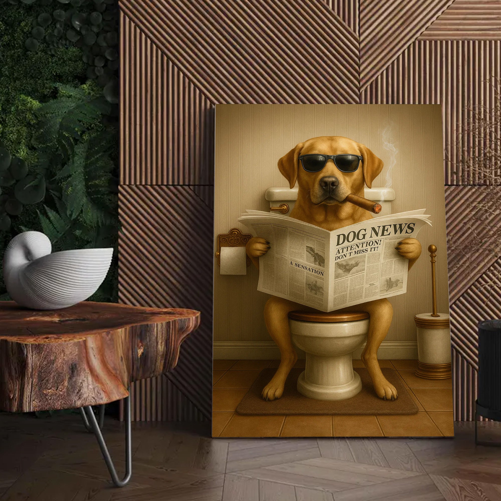 Funny Labrador Bathroom Poster Canvas – Dog on Toilet Reading Newspaper - Rustic Bathroom Decor, Gift for Dog Dads