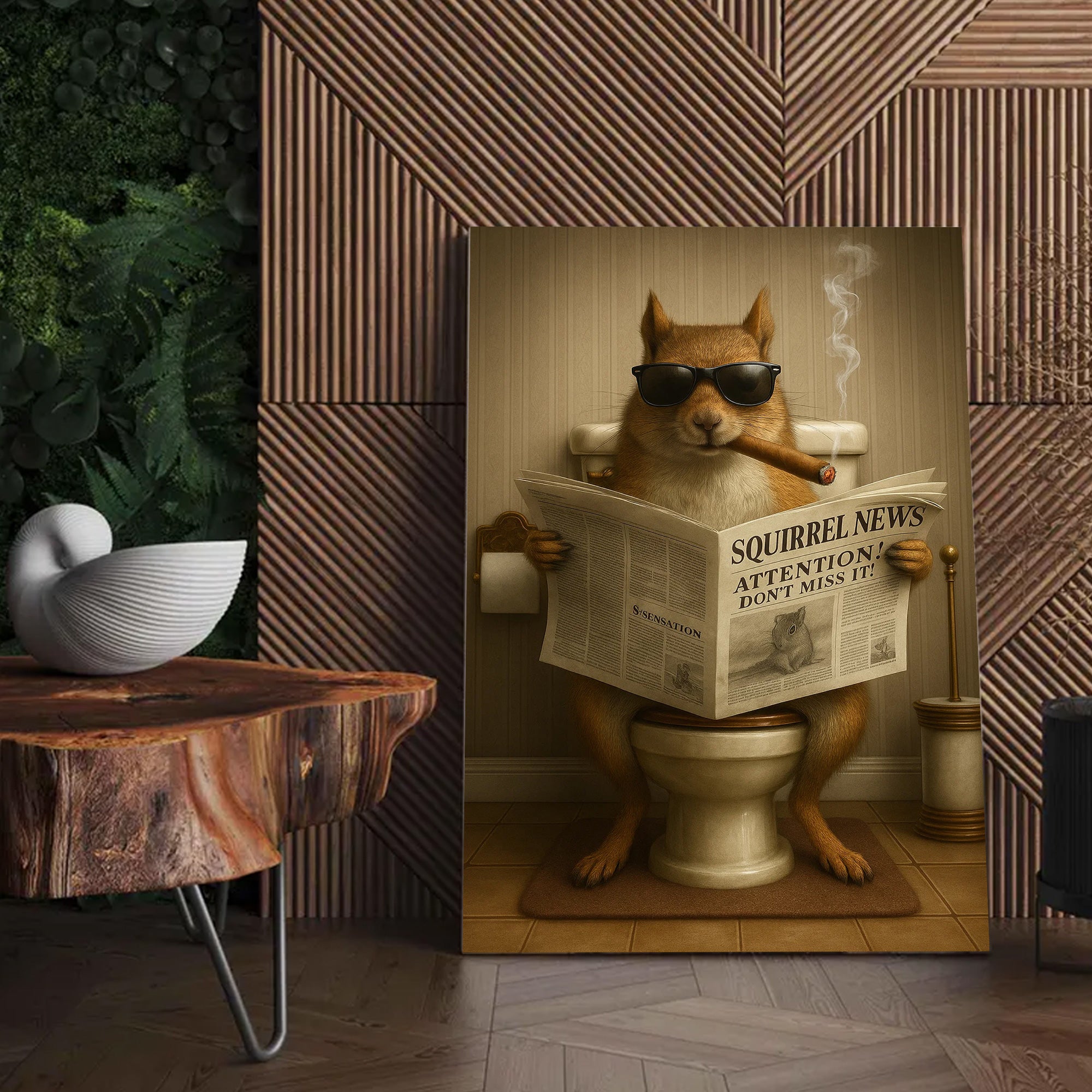Squirrel Reading News Smoking Bathroom Wall Art – Rustic Decor for Men, Hunting Cabin Poster, Hilarious Gift for Dad