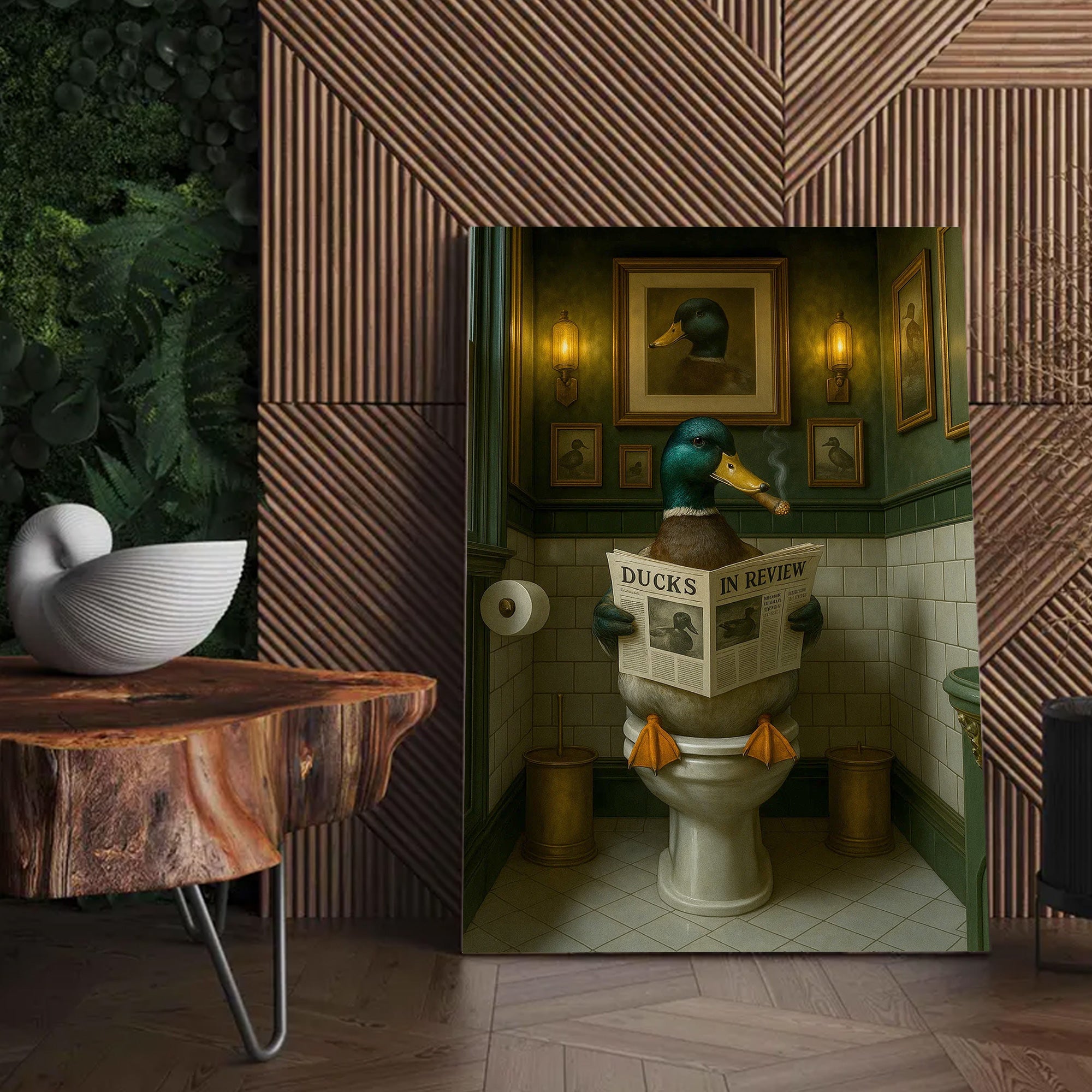 Mallard Duck Toilet Scene Poster Canvas – Smoking-Smoking Duck Reading ‘Ducks in Review’ - Gift for Outdoorsmen