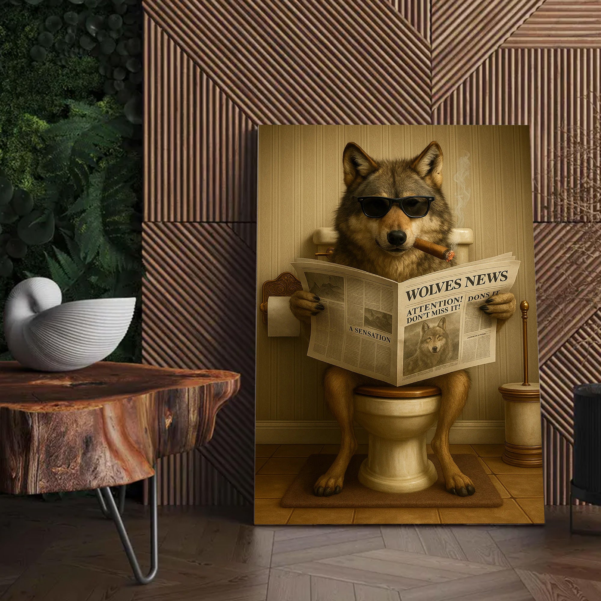 Funny Wolves News Poster Canvas – Hilarious Bathroom Scene with Cool Wolf on Toilet - Gift for Men, Nature Lovers, Hunters