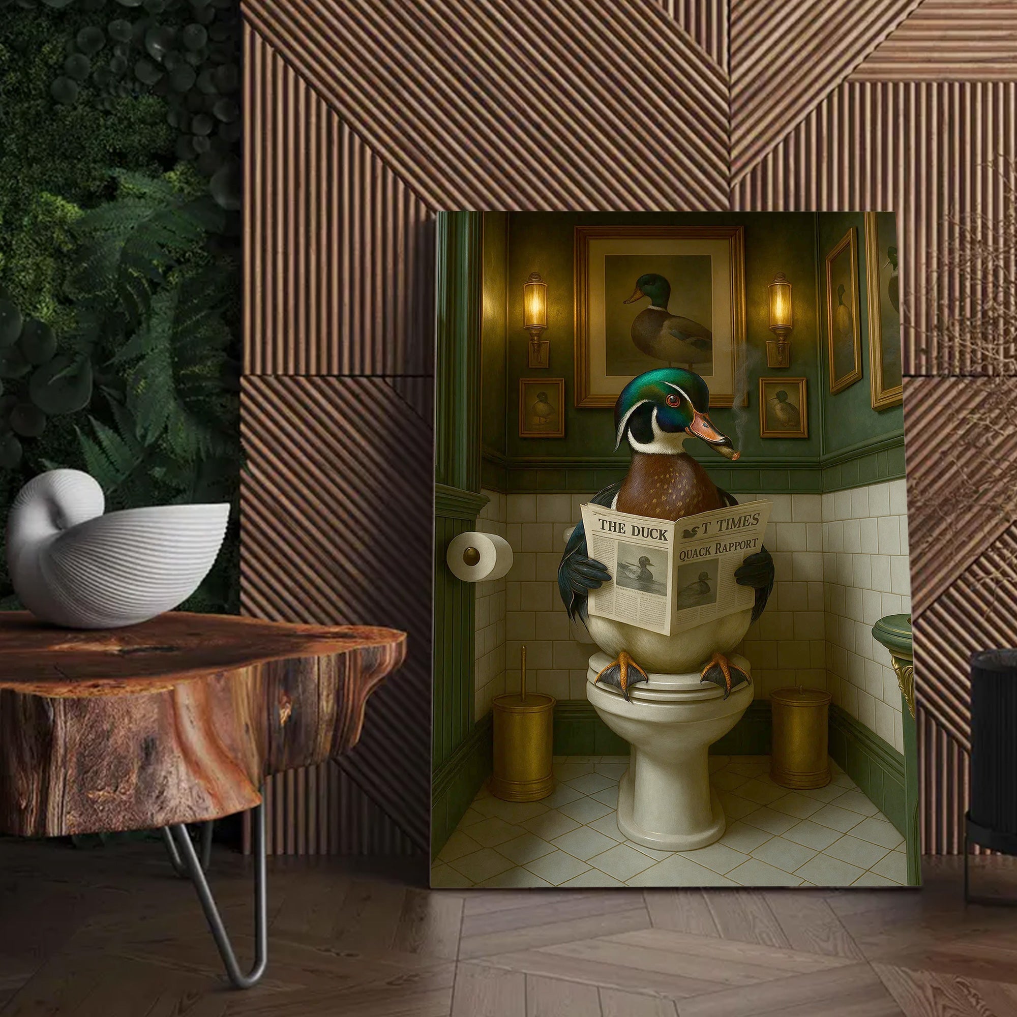 Rustic Duck Bathroom Wall Art Canvas – Wood Duck Reading Newspaper - Lodge Humor Print, Perfect Gift for Hunters