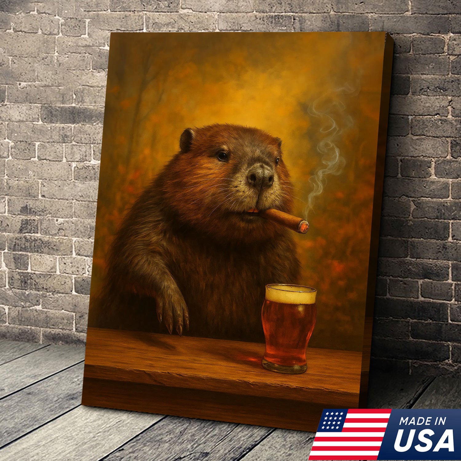 Funny Beaver Smoking with Cocktail Glasses Canvas – Rustic Cabin & Hunting Lodge Wall Art