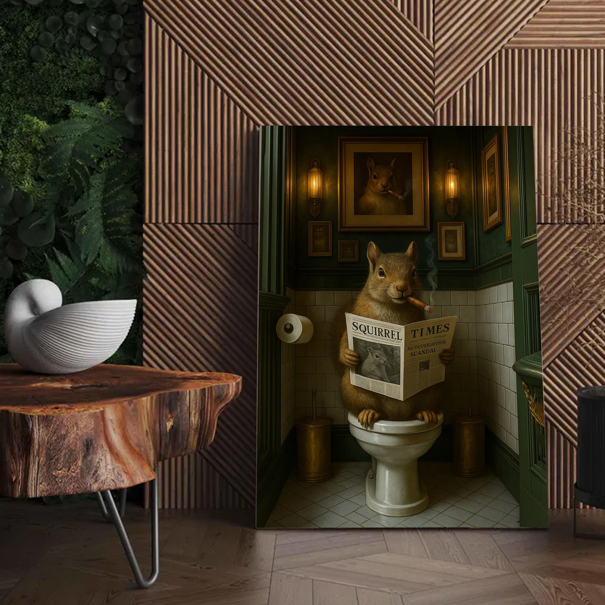 Funny Squirrel on Toilet Poster Canvas – Hilarious Wildlife Bathroom Scene - Lodge Humor Canvas, Gift for Men or Nature Lovers