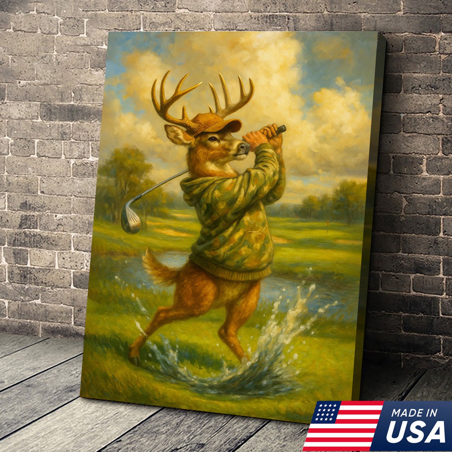 Funny Deer Playing Golf Canvas Wall Art – Rustic Hunting Cabin Lodge Decor, Man Cave & Golfer Gift