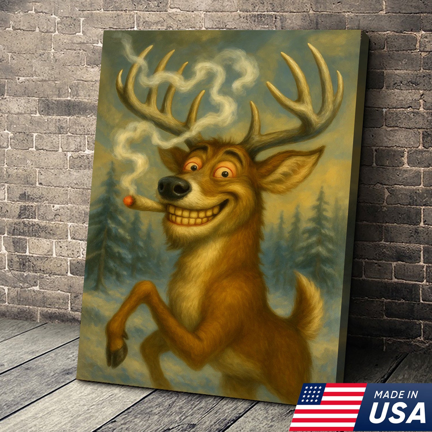 Funny Deer Smoking Canvas Wall Art – Rustic Cabin Lodge Decor, Hunting Gift for Men