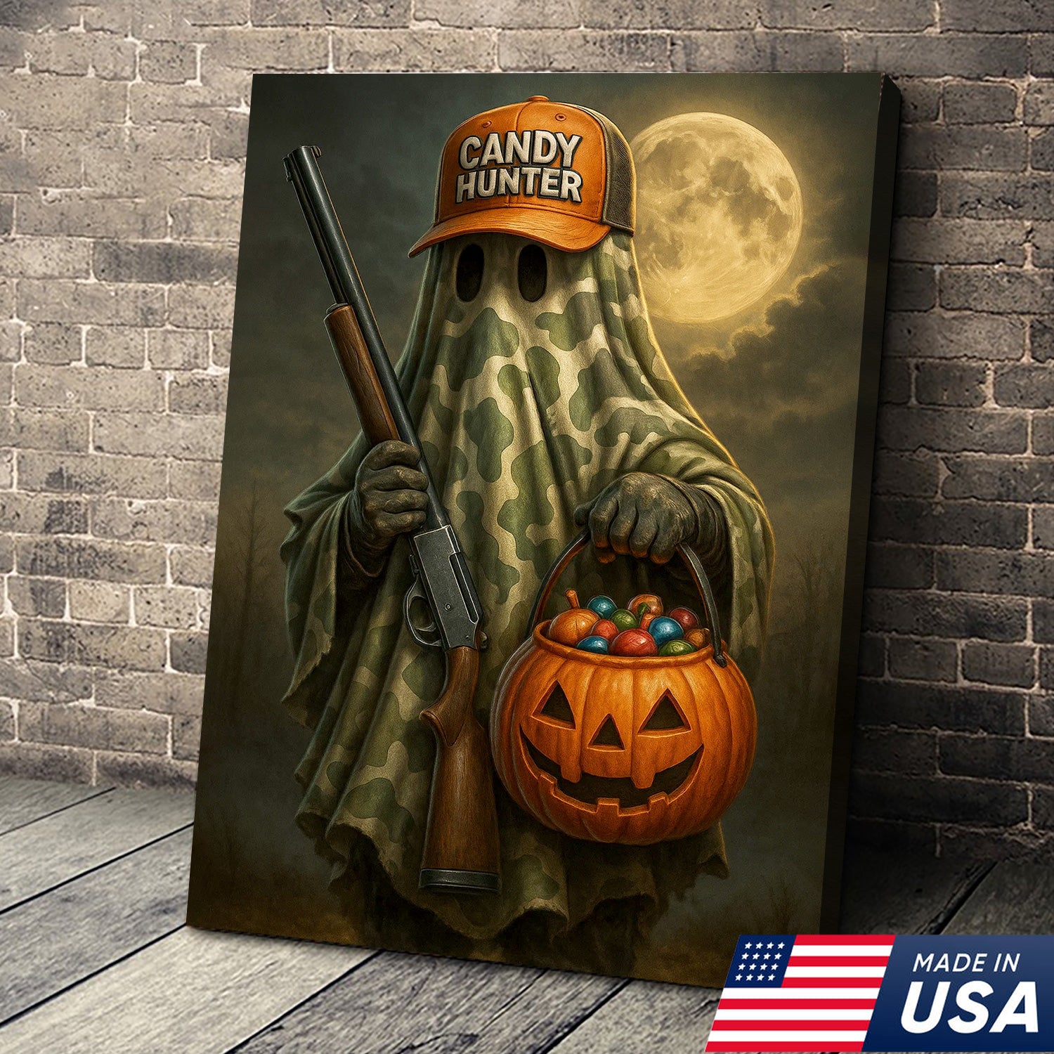 Candy Hunter Halloween Canvas Wall Art – Camouflage Ghost with Shotgun and Pumpkin Trick or Treat Decor