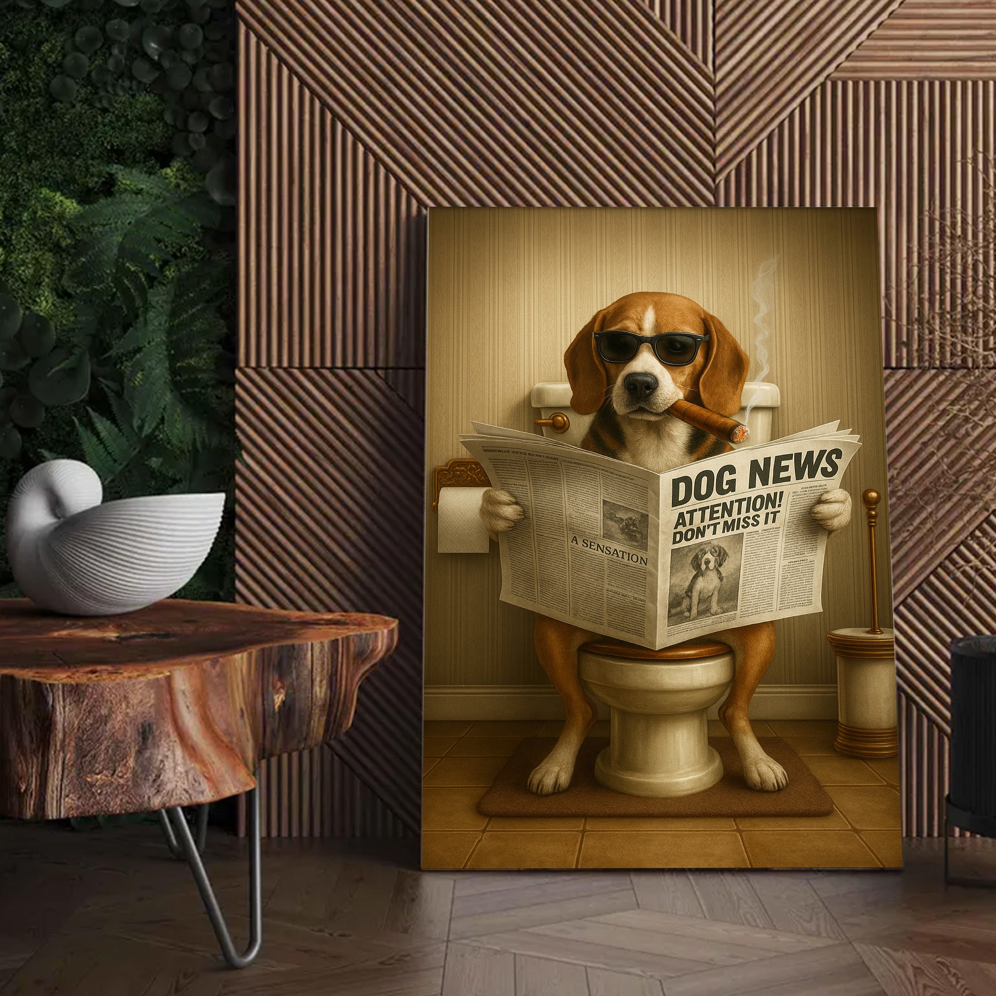 Funny Beagle Reading Newspaper Canvas – Funny Dog Hunting Bathroom Wall Art, Rustic Cabin Decor, Gift for Men