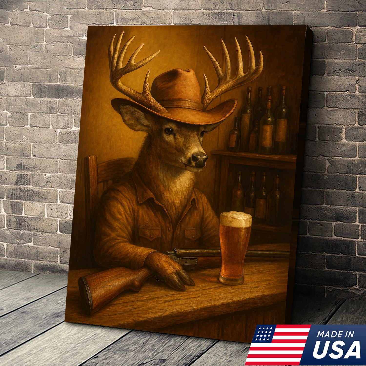 Funny Cowboy Deer Cocktail Glasses Bar Canvas Wall Art – Rustic Hunting Lodge Decor