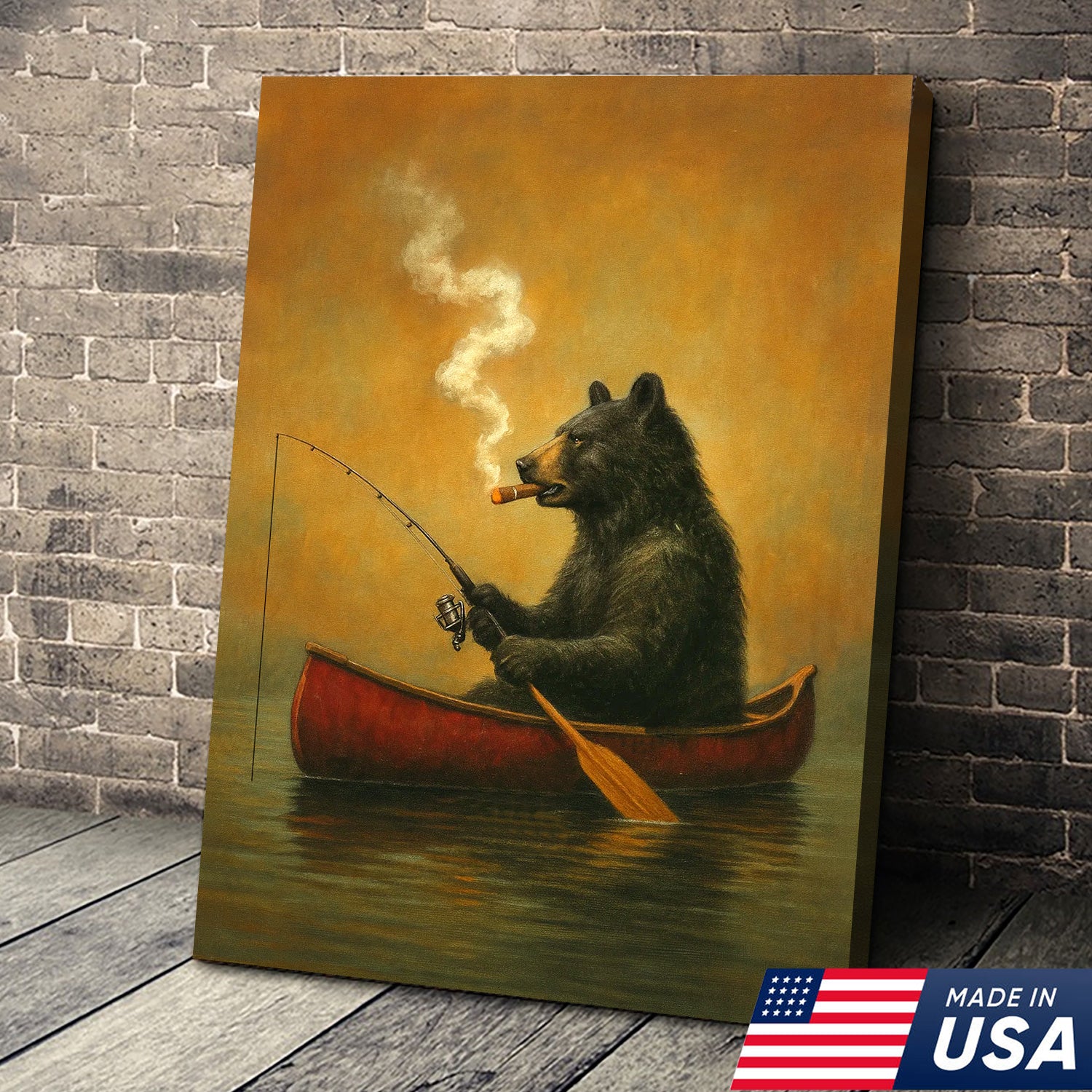 Bear Smoking Fishing Canvas, Funny Lodge Wall Art, Canoe Fishing Rustic Cabin Wall Art