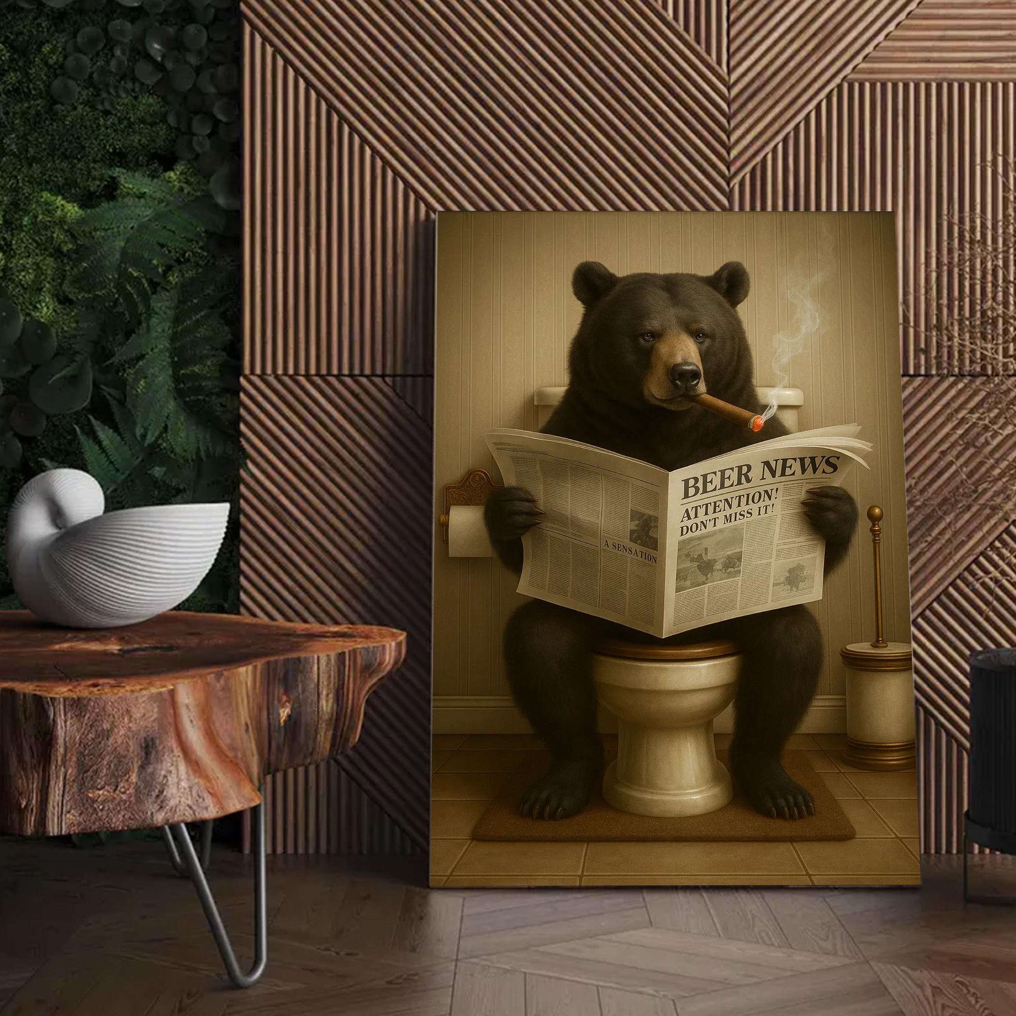 Funny Bear Newspaper Bathroom Canvas Wall Art – Wildlife Animal Poster - Unique Gift for Dad, Hunters & Outdoorsmen
