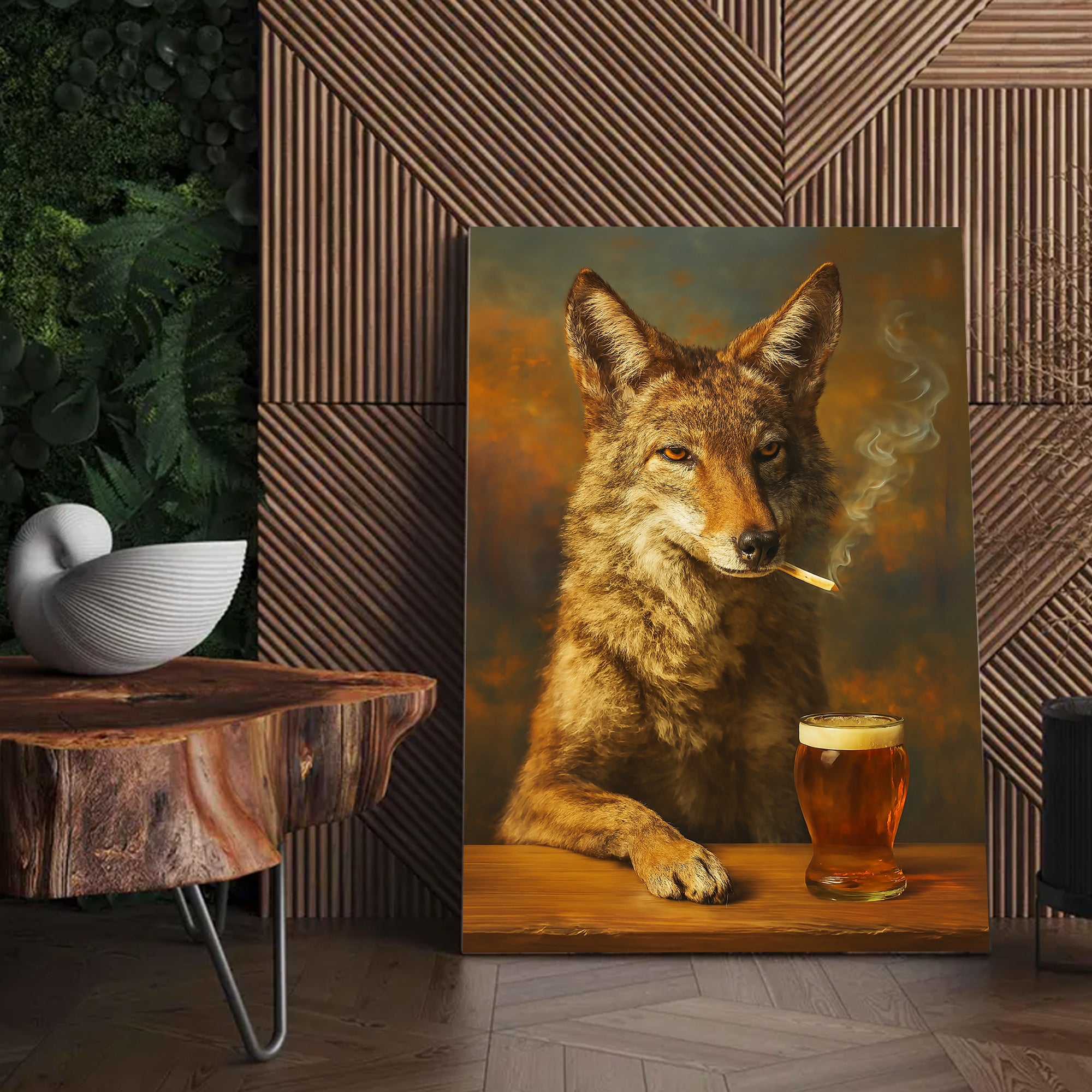 Smoking Wolf Coyote with Cocktail Glasses Canvas – Funny Hunting Wall Art for Man Caves - Hilarious Gift for Outdoorsmen