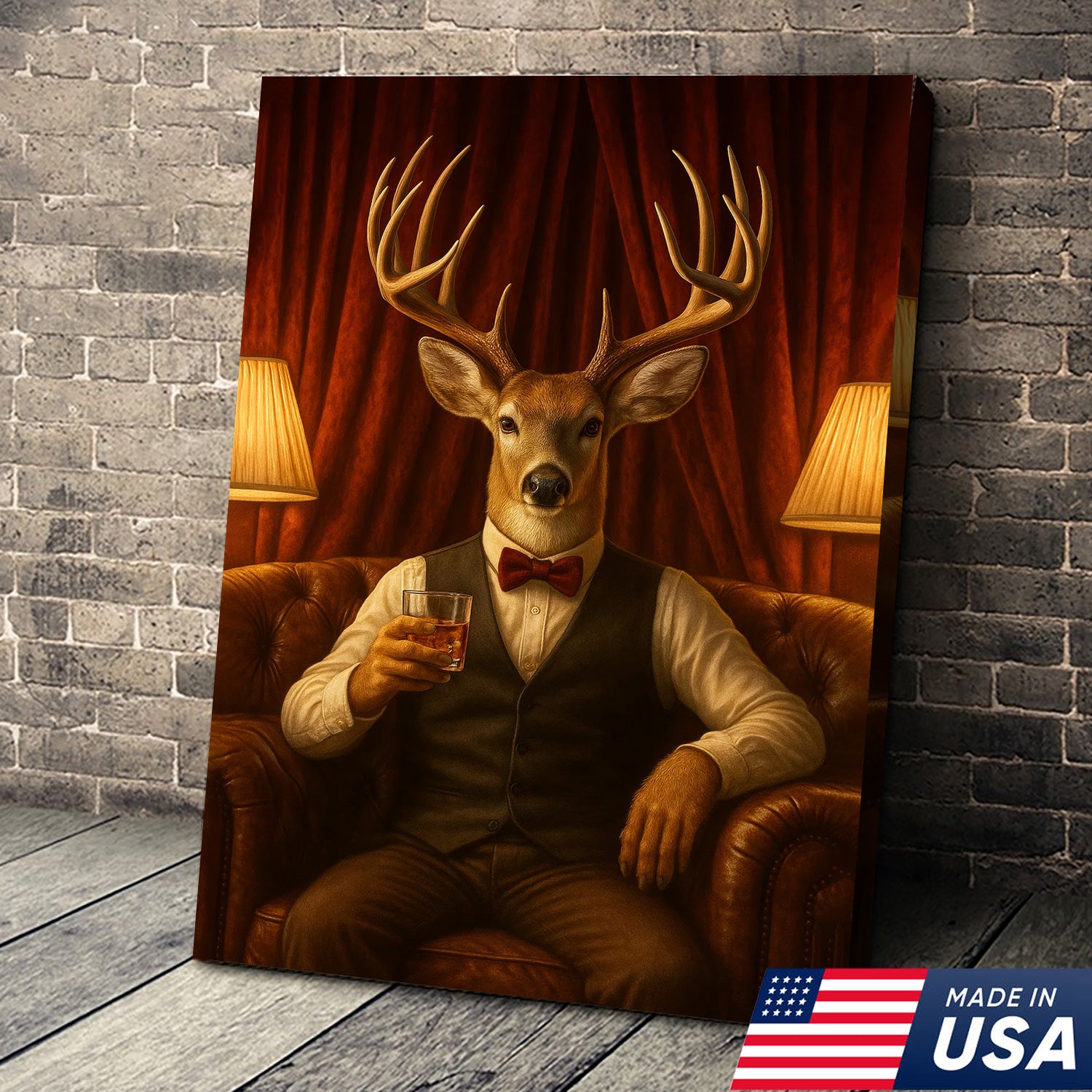 Gentleman Deer Canvas Wall Art – Rustic Hunting Lodge Whiskey Decor