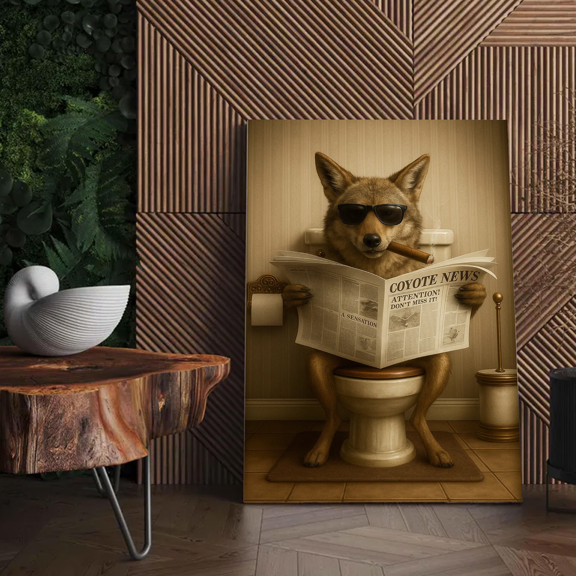 Smoking Coyote Wolf Canvas – Funny Wildlife Bathroom Art for Hunters & Cabin Decor