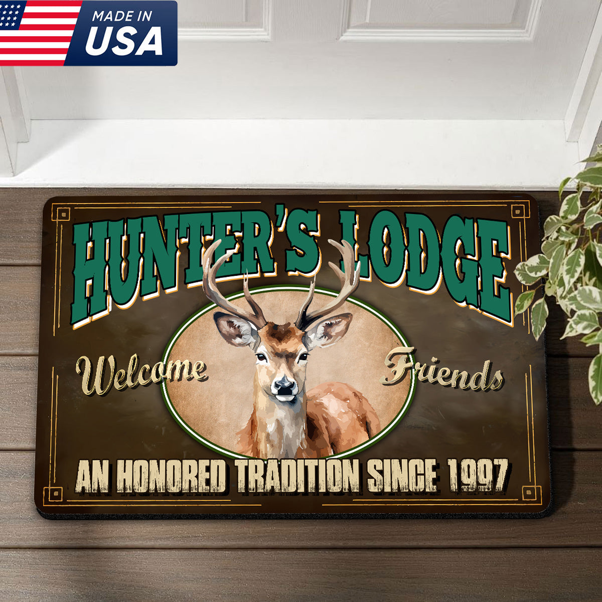 Personalized Hunter’s Lodge Deer Doormat – Custom Year, Rustic Cabin Welcome Mat for Hunters & Outdoor Decor