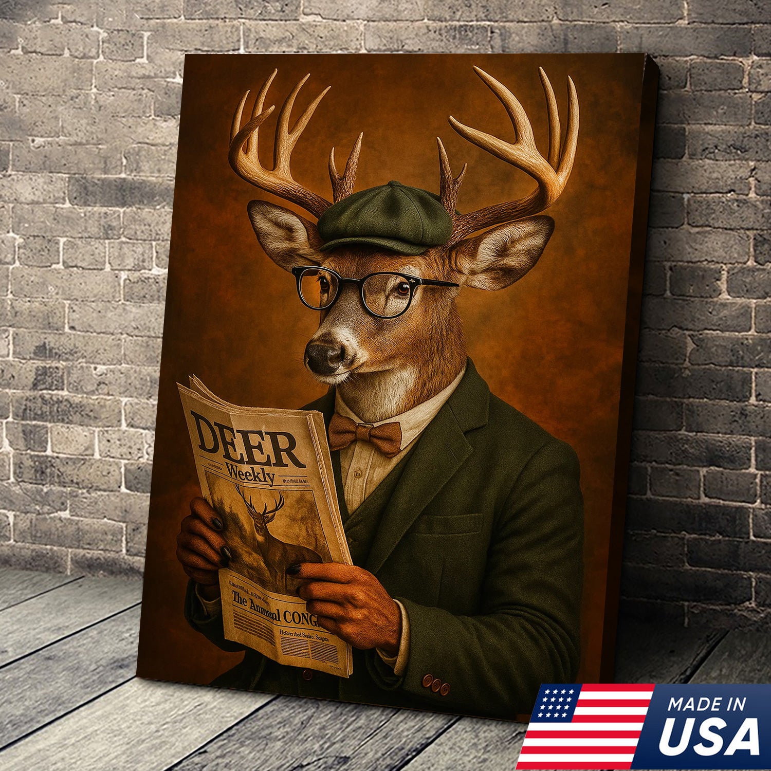 Funny Deer Gentleman Reading Newspaper Canvas – Rustic Hunting Lodge Wall Art