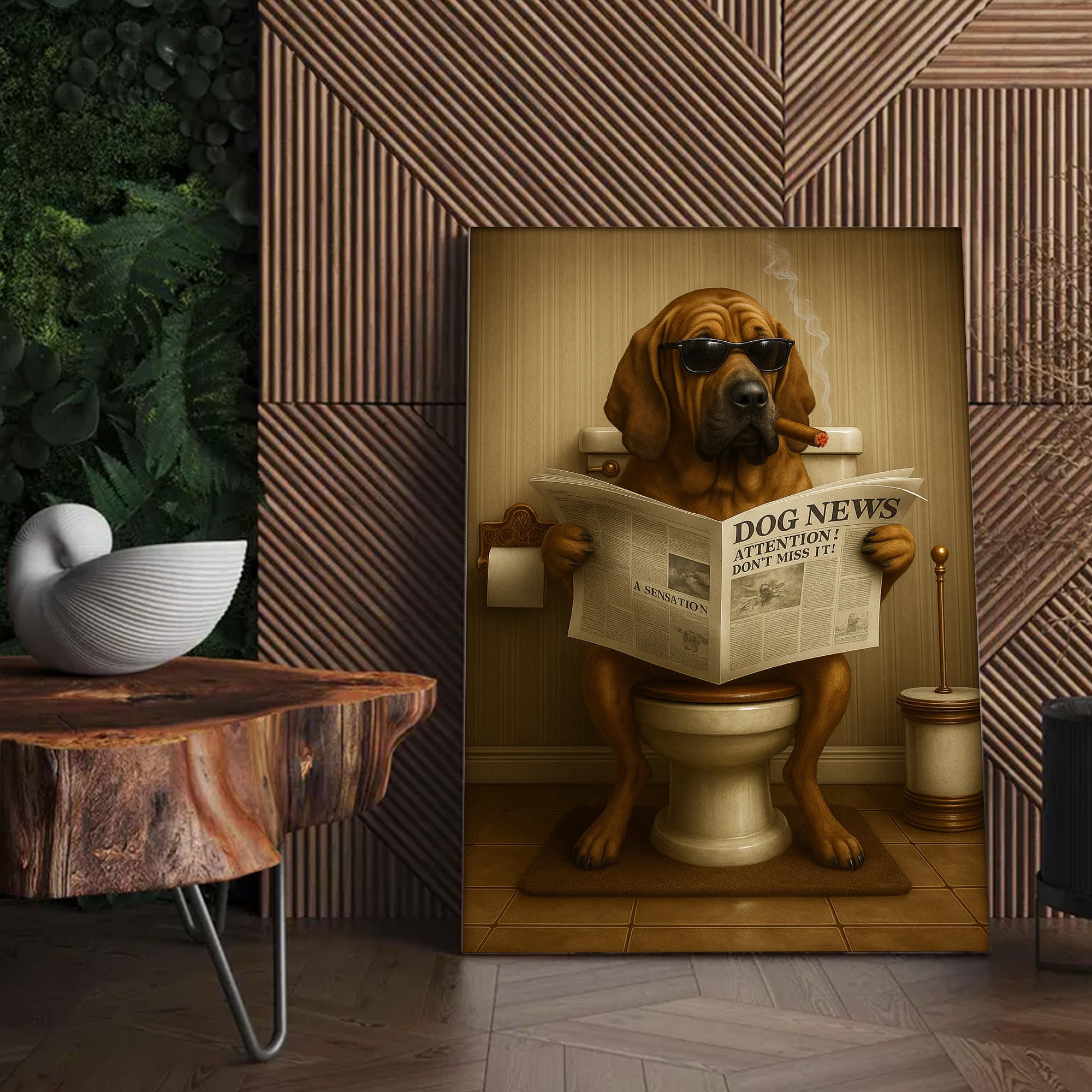 Funny Rustic Dog Bathroom Canvas – Bloodhound Smoking Reading ‘Dog News’ - Hunting Hunters Cabin Decor, Gift for Dad or Husband