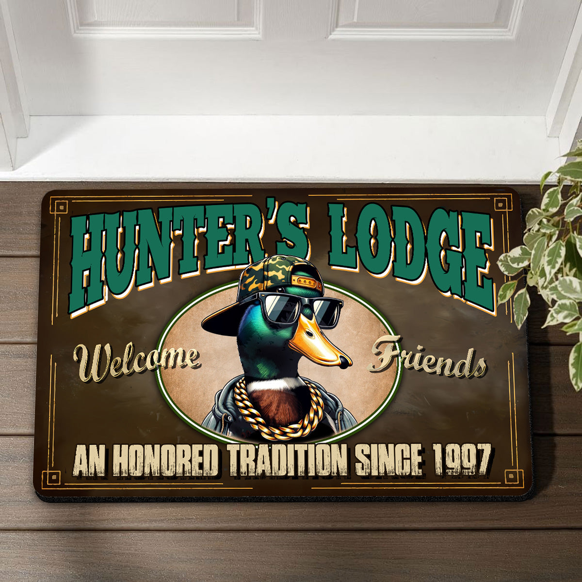 Personalized Hunter’s Lodge Duck Doormat – Funny Hunting Welcome Mat with Custom Year, Rustic Cabin & Lodge Decor