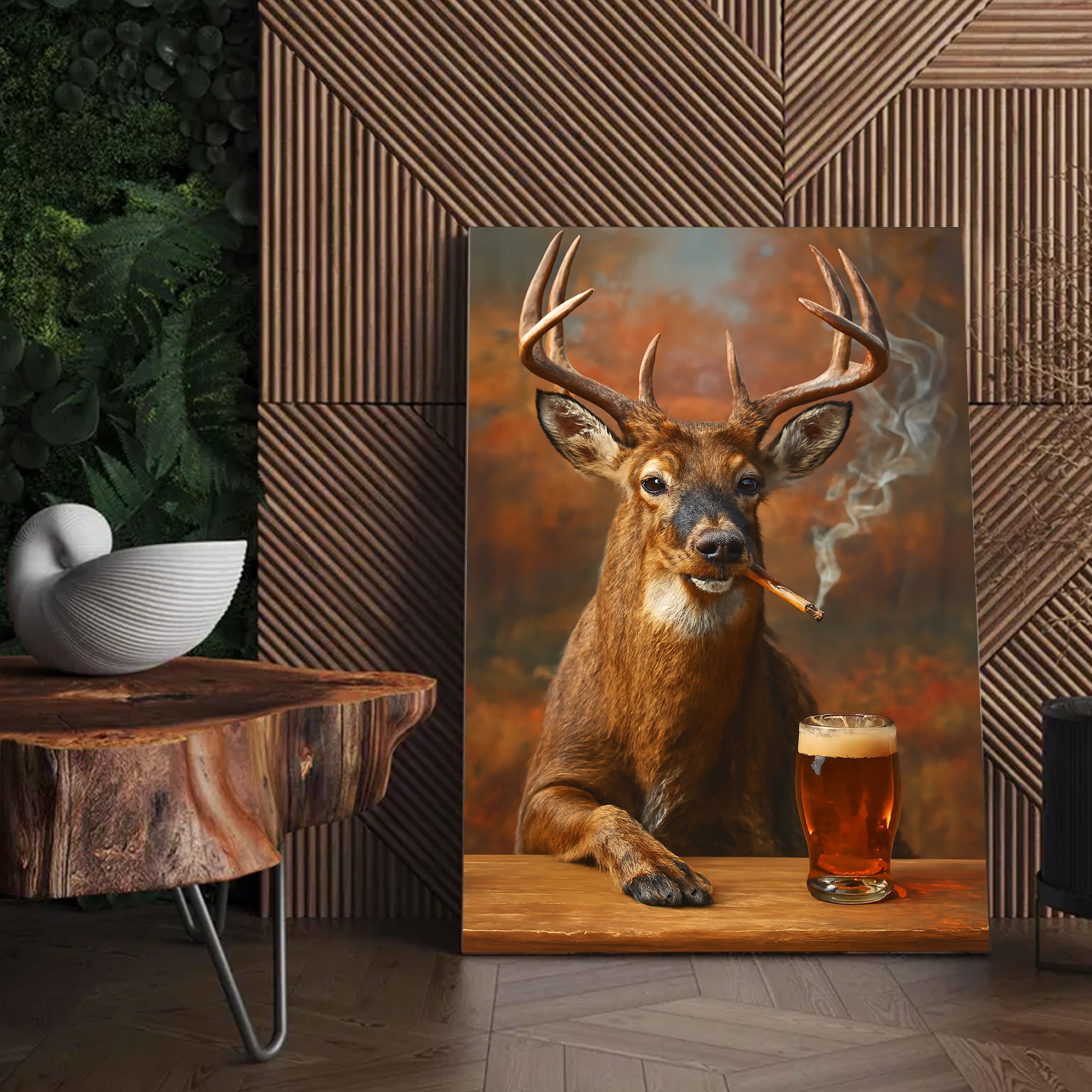 Smoking Deer with Cocktail Glasses Canvas – Funny Hunting Wall Art for Man Caves