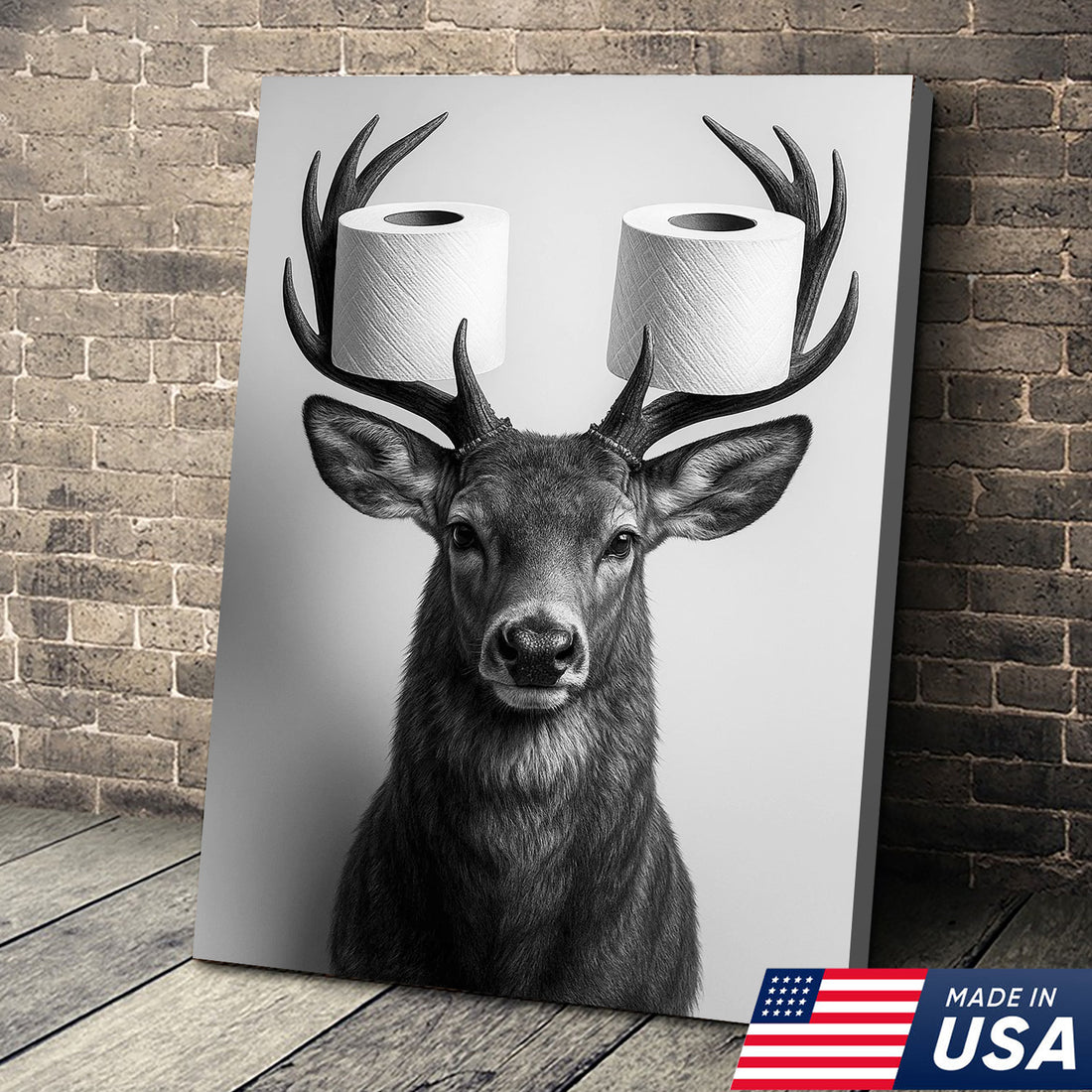 Deer Canvas Wall Art - Funny Animal Portrait with Toilet Paper on Antlers - Black and White Bathroom Decor Print