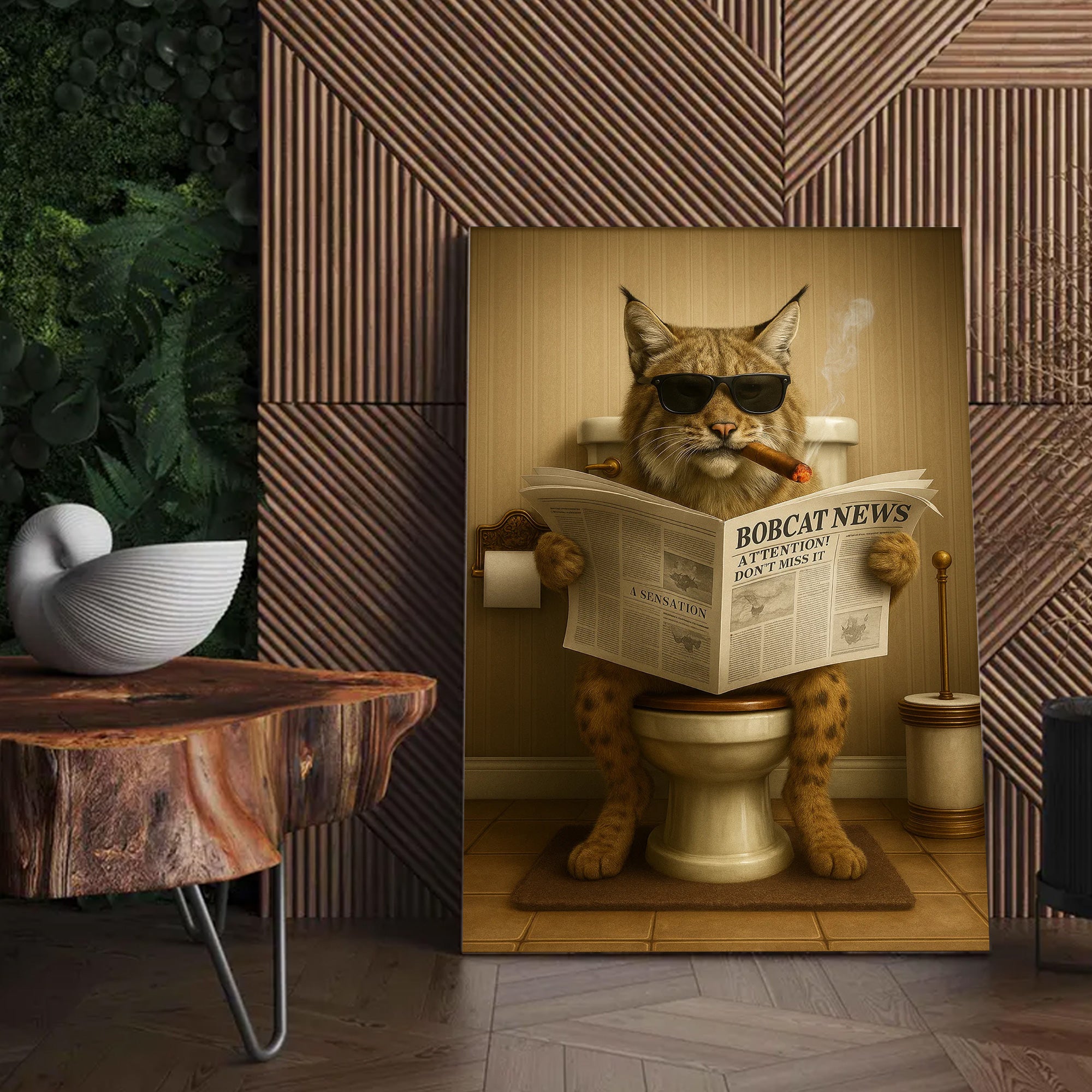 Funny Bobcat Bathroom Wall Art – Rustic Wildlife Decor for Men, Hunting Cabin Poster, Hilarious Gift for Dad