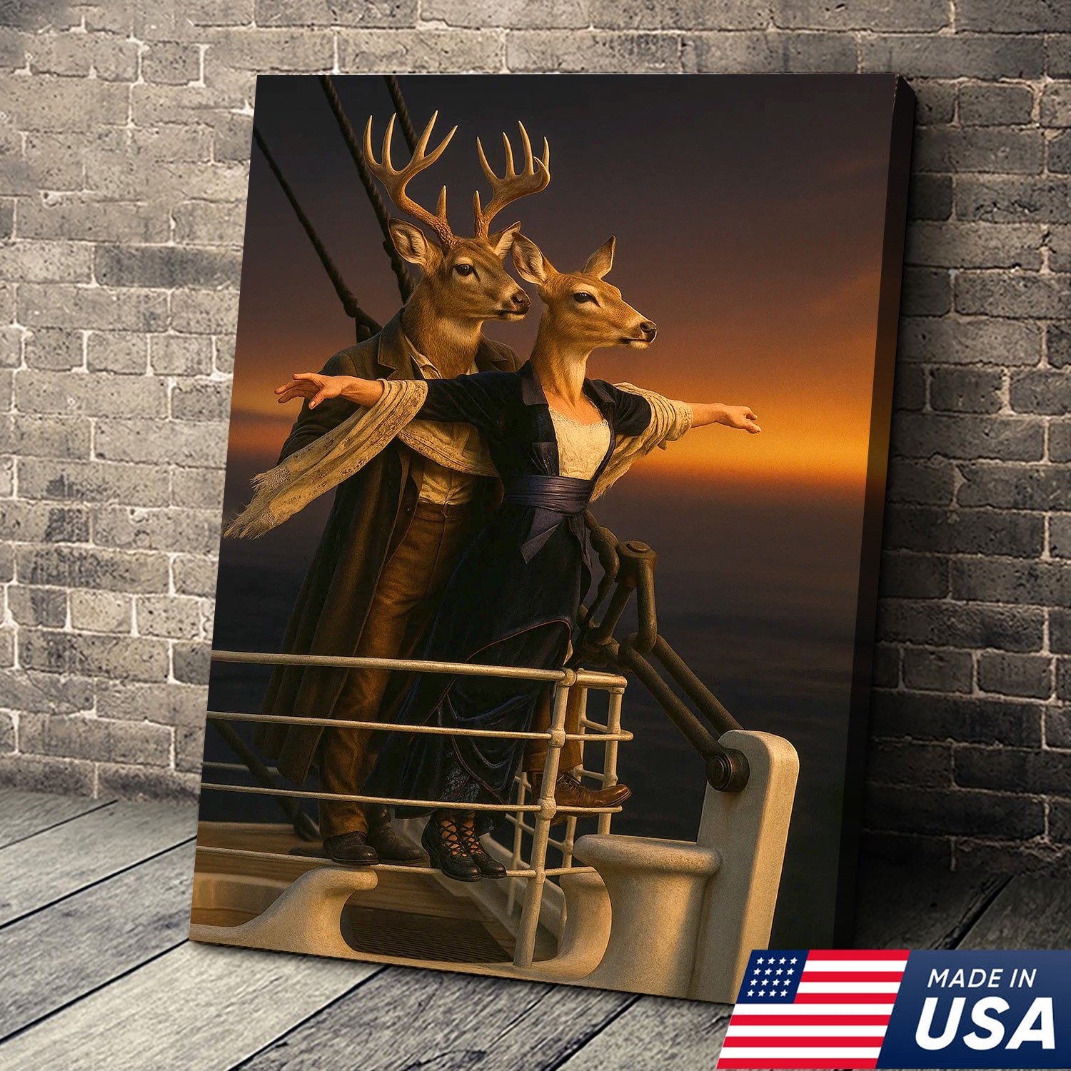 Romantic Deer Canvas Wall Art – Buck and Doe Cinematic Scene Sunset – Funny Whitetail Deer Couple Home Decor