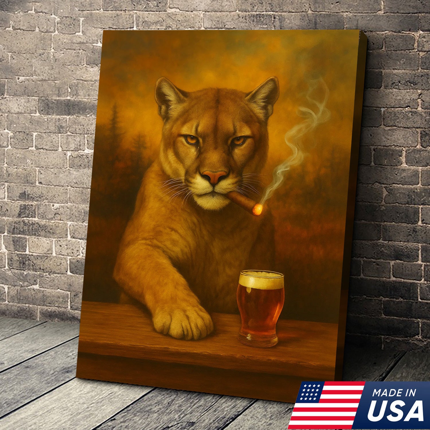 Funny Mountain Lion Smoking With Cocktail Glasses Canvas Wall Art – Rustic Bar Decor Perfect Gift for Hunters & Cocktail Glasses Lovers