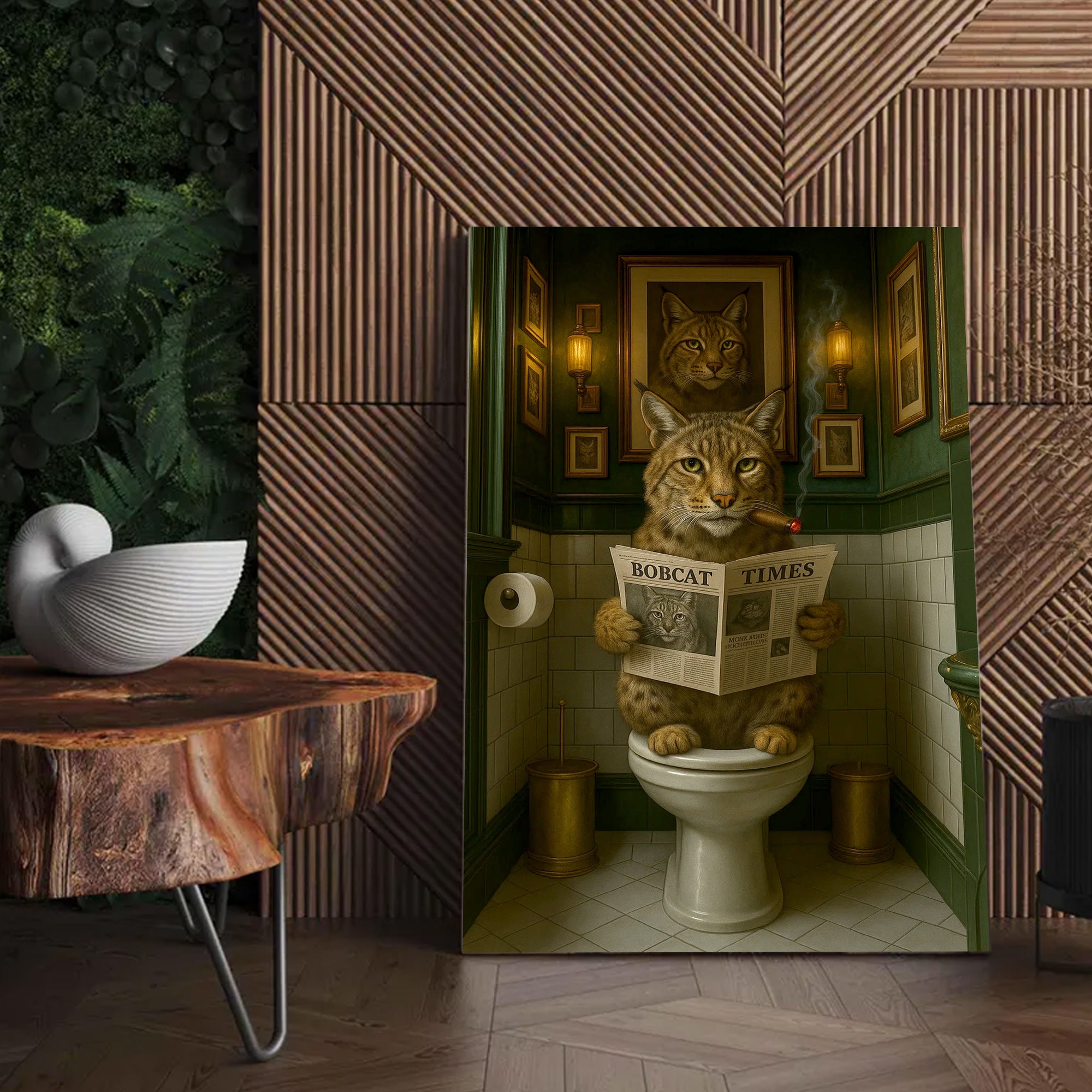 Funny Rustic Bobcat Wall Art Canvas – Smoking-Smoking Wild Cat Reading Newspaper - Rustic Lodge Wall Art, Gift for Hunters