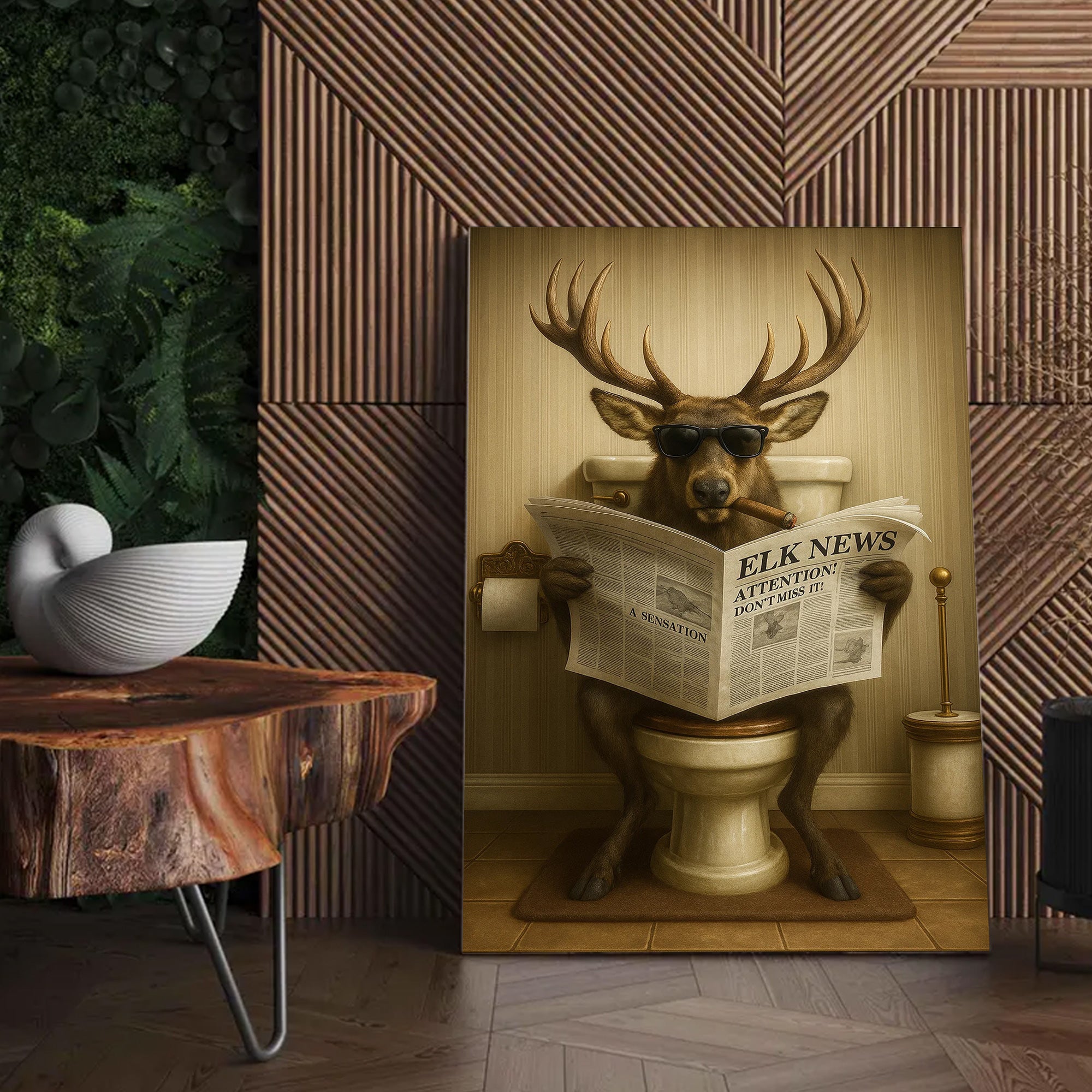 Funny Elk Bathroom Wall Art – Hunting Lodge Decor for Men - Wildlife Animal Poster - Unique Dad Gift for Hunters & Outdoorsmen