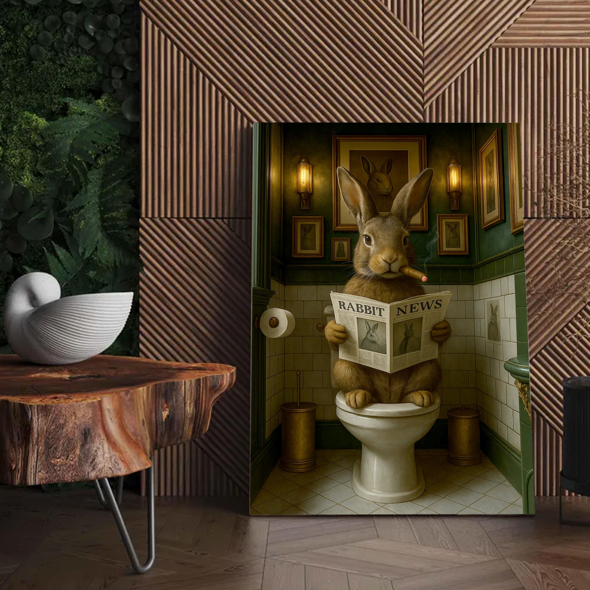 Funny Rabbit Bathroom Poster Canvas– Smoking-Smoking Bunny Reading Newspaper - Rustic Toilet Wall Art, Gift for Animal Lovers