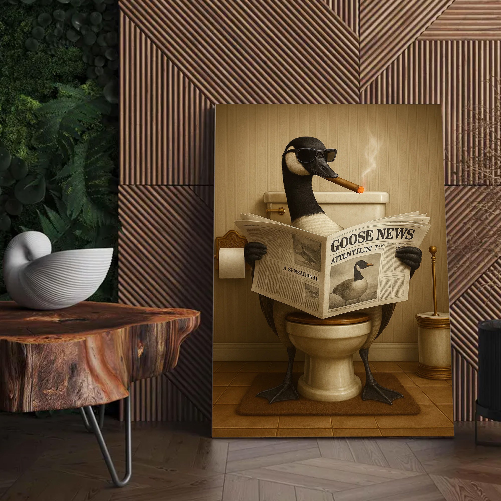 Funny Goose Read Newspaper Bathroom Canvas Wall Art – Hunting Wildlife Animal Poster - Unique Gift for Dad, Hunters