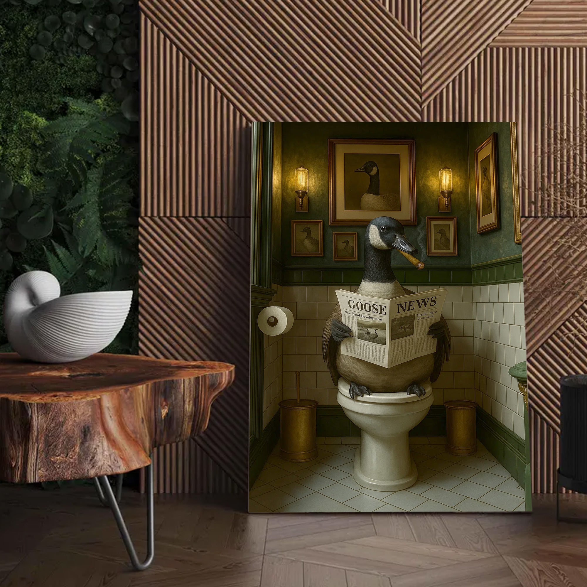 Funny Canada Goose Bathroom Poster – Rustic Cabin Wall Art, Goose Reading Newspaper on Toilet - Canvas Gift for Hunters