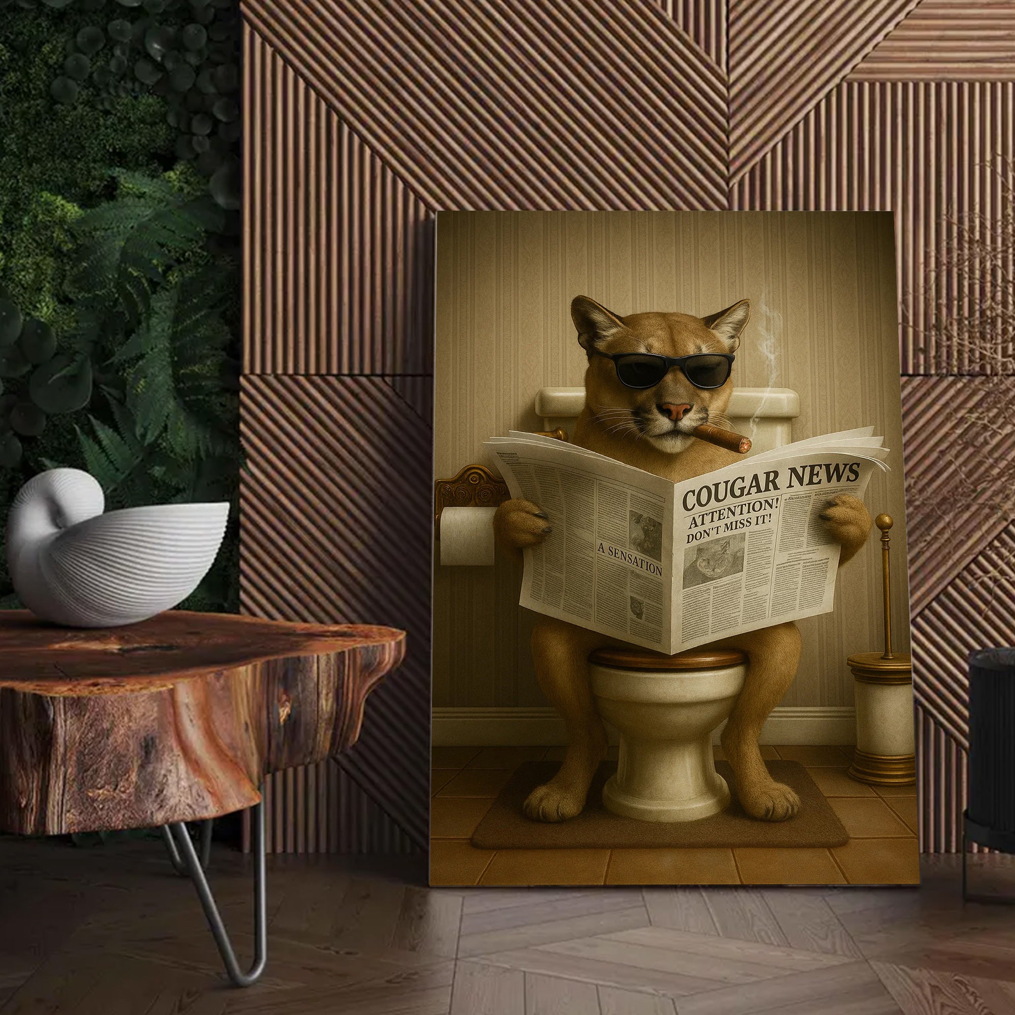 Funny Cougar Bathroom Canvas – Mountain Lion on Toilet Reading Newspaper - Rustic Cabin Decor, Gift for Outdoorsmen