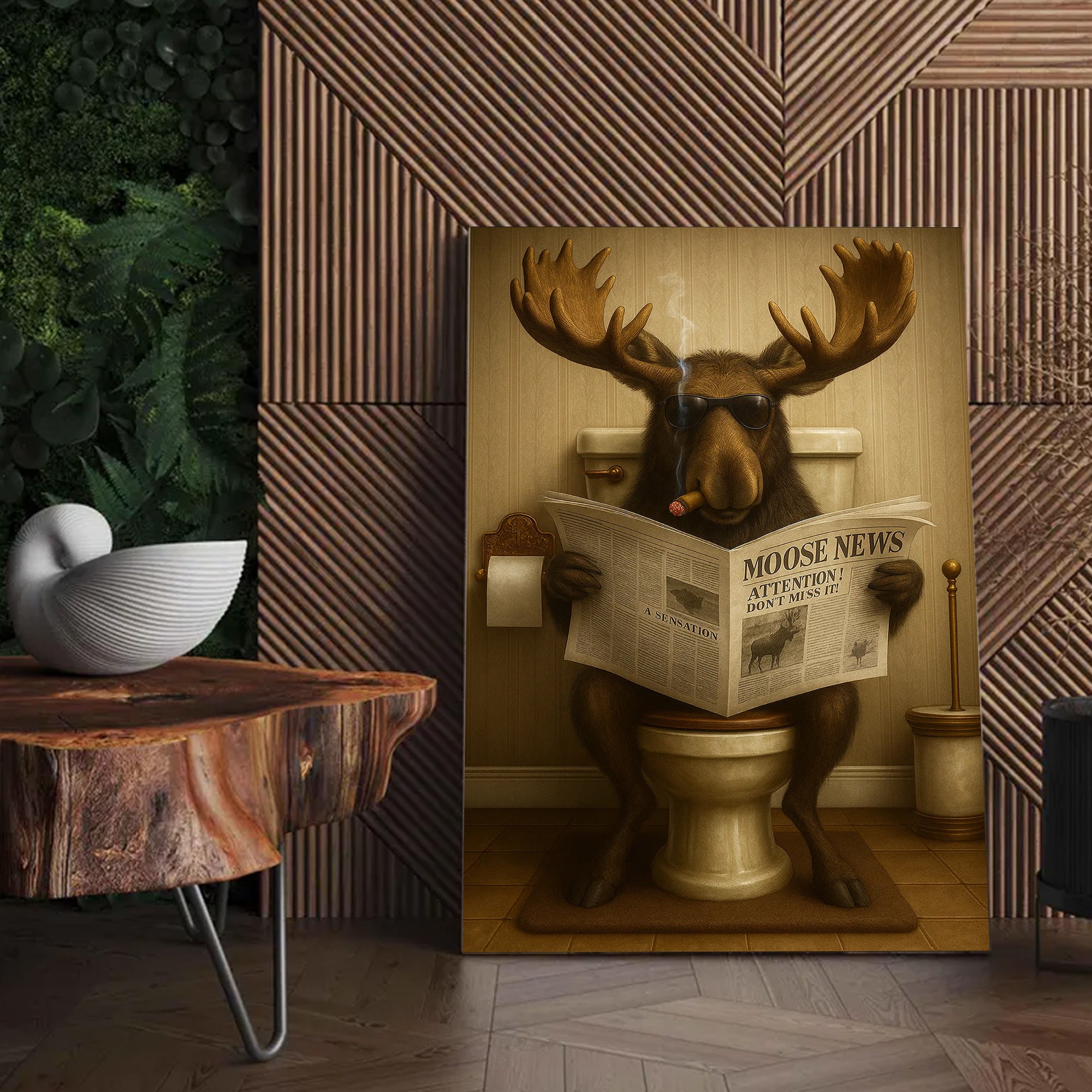 Funny Elk Hunting Lodge Moose Bathroom Canvas Wall Art – Wildlife Animal Poster - Unique Gift for Dad, Hunters & Outdoorsmen