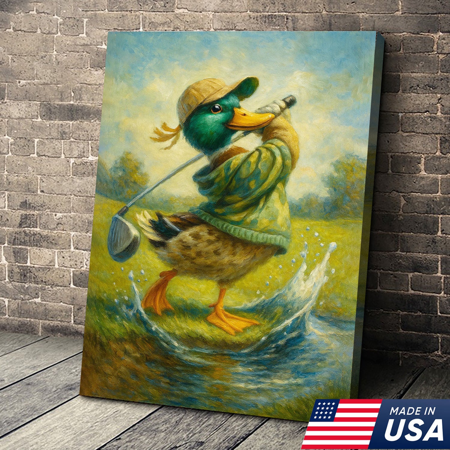 Funny Duck Playing Golf Canvas Wall Art – Rustic Sports Lodge Decor, Man Cave & Golfer Gift