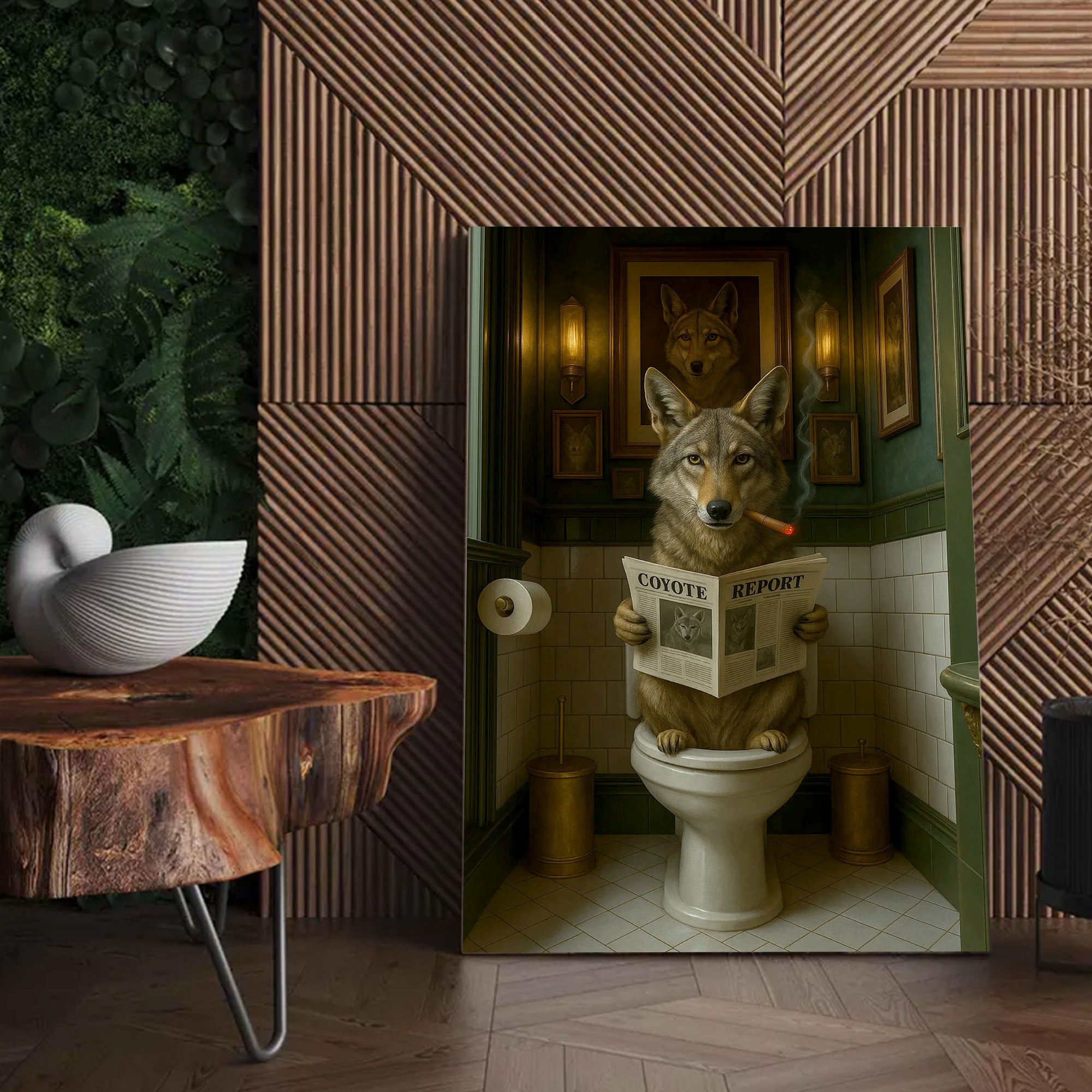 Funny Coyote Bathroom Canvas – Wild Dog on Toilet Reading Newspaper - Wolf Coyote - Rustic Lodge Decor, Gift for Outdoorsmen